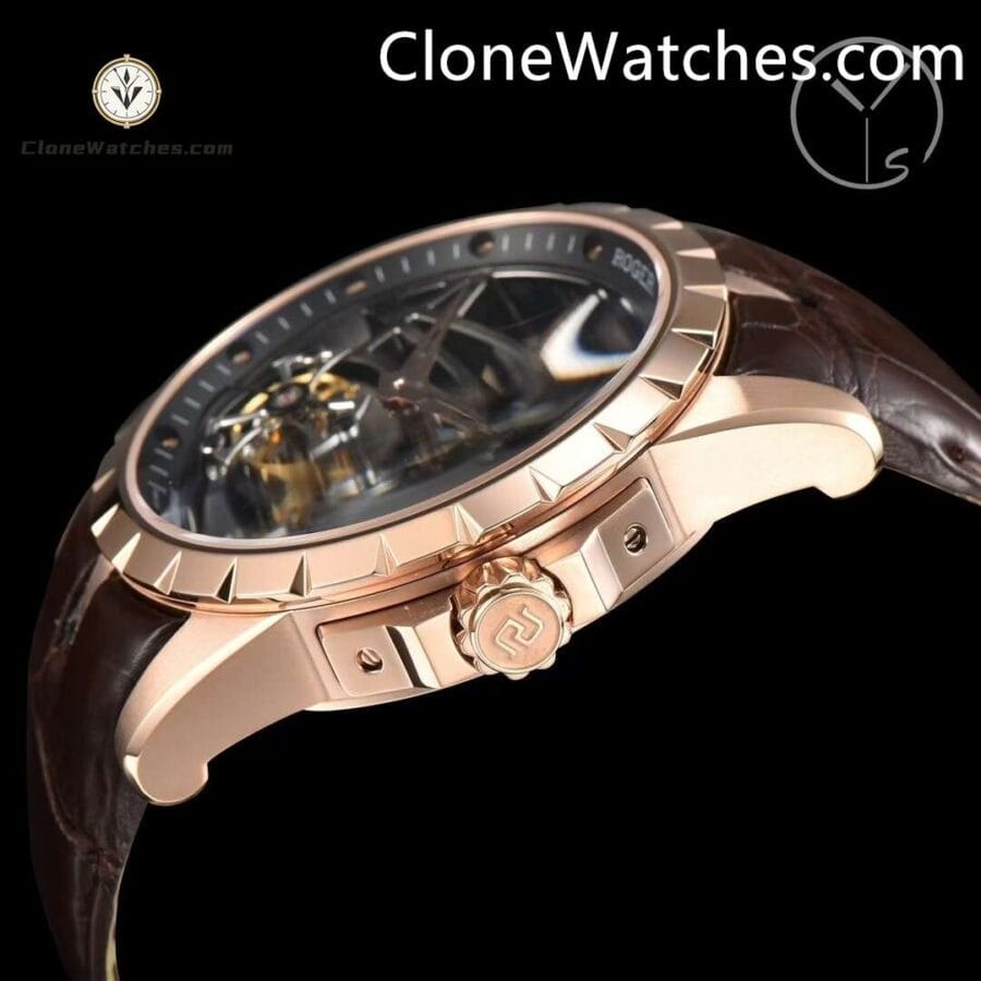 Roger Dubuis Super Clone Watches 1:1 Excalibur Rose Gold Skeleton Double Flying Tourbillon RDDBEX0395 45MM