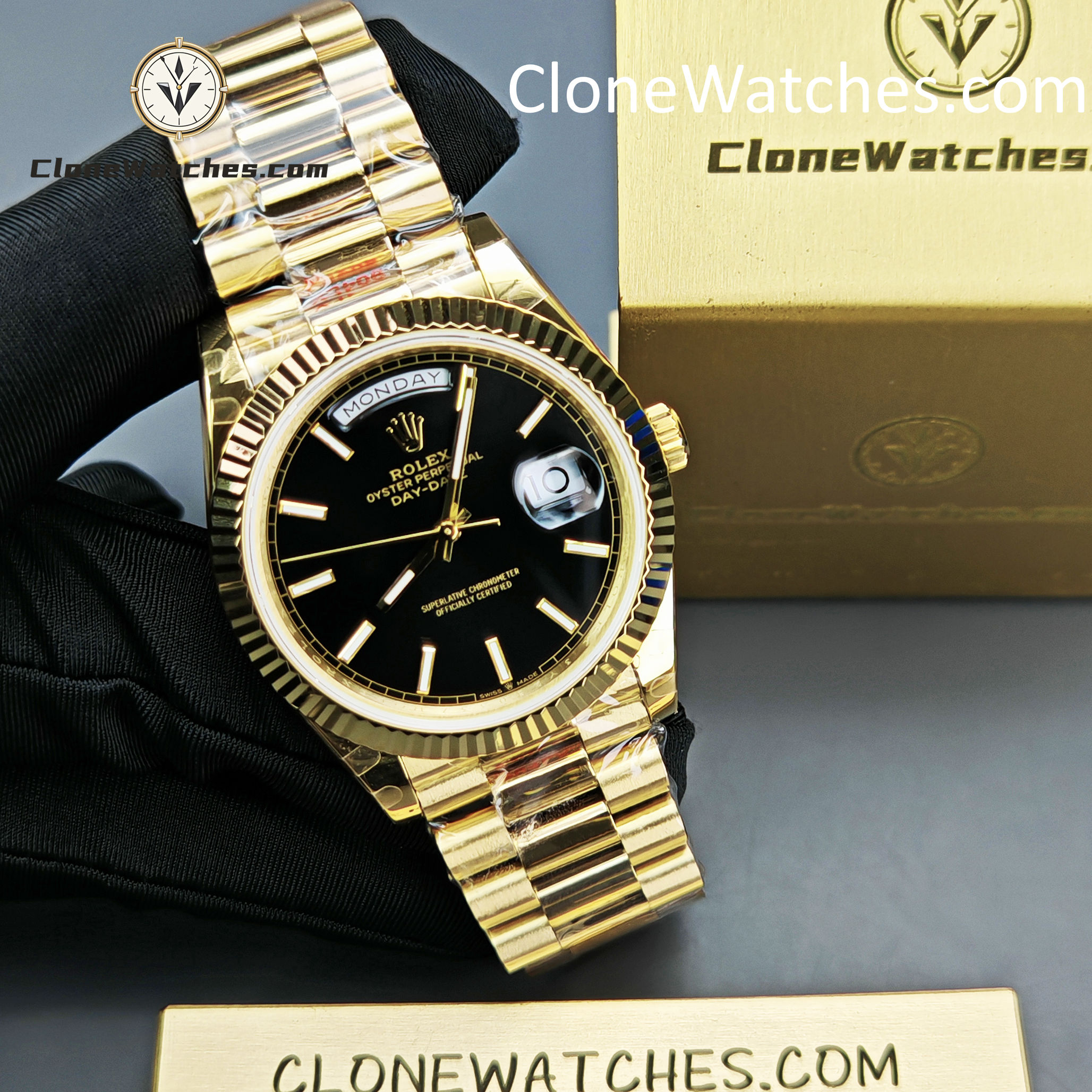 Rolex Super Clone Watches 1:1 Day Date 18K Gold Black Dial 40mm m228238-0067 3255 Movement