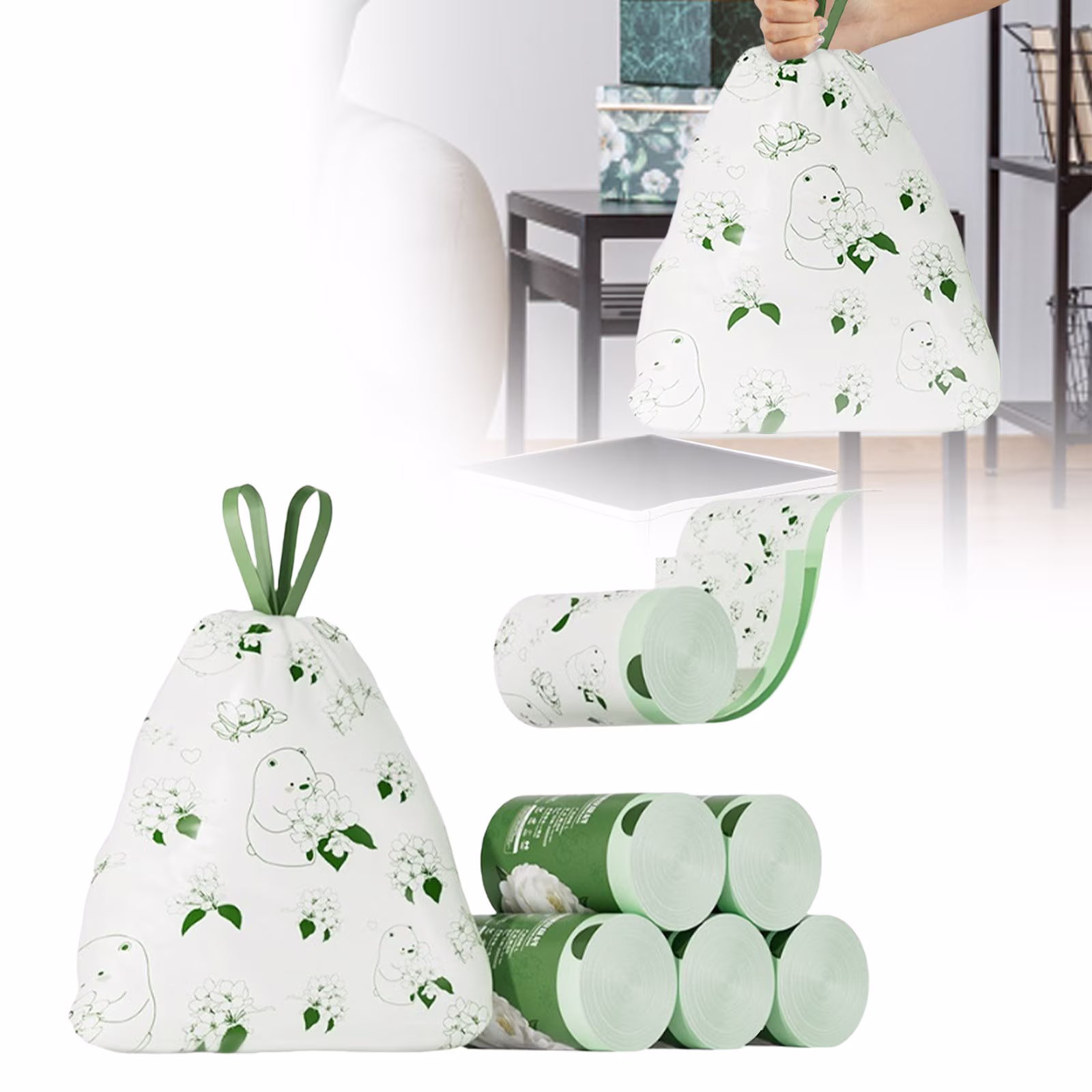 Scented Camellia Drawstring Bags Durable Odor Control 13 Gallon Size For Kitchen And Household Waste Rubbish Bags