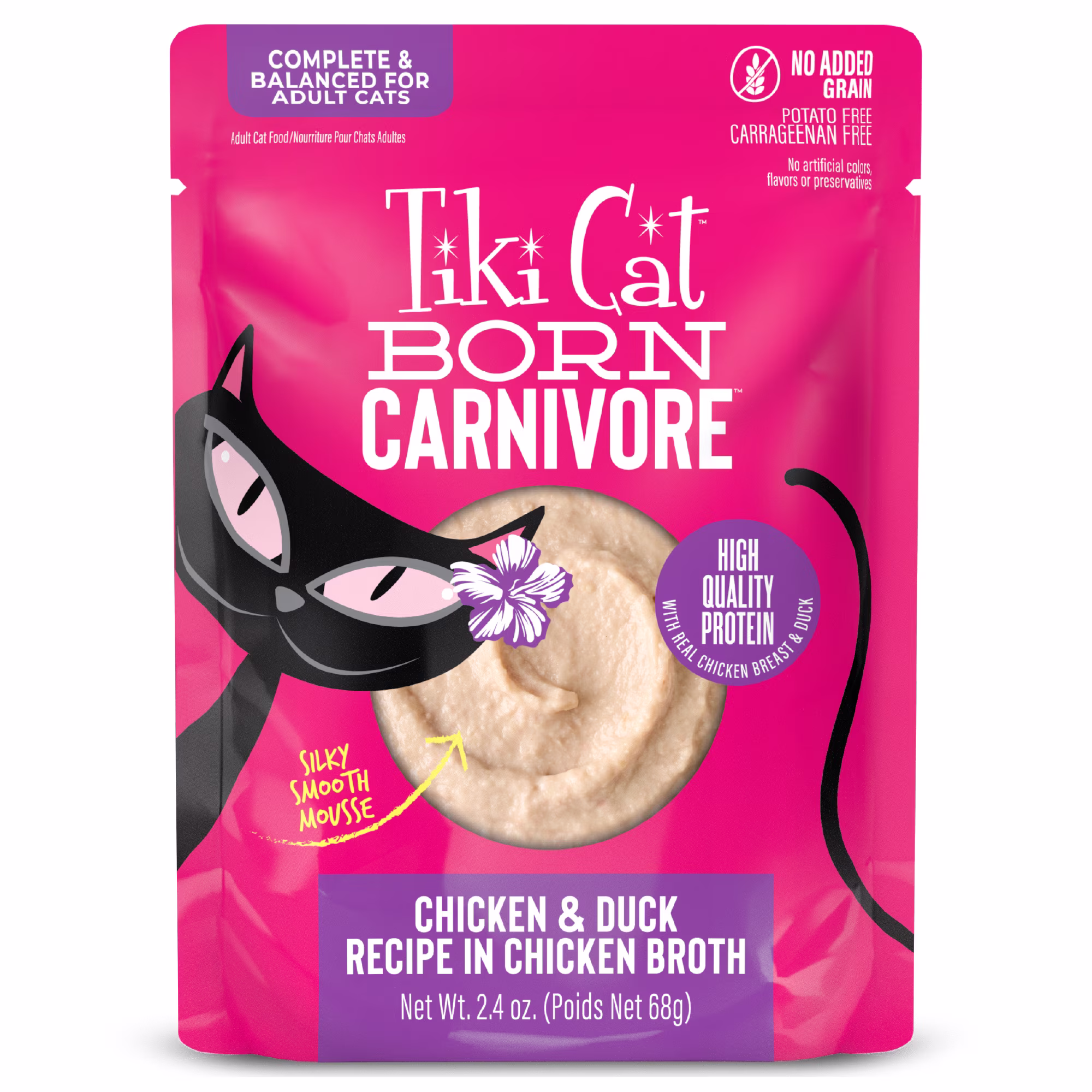 Tiki Cat Born Carnivore Wet Cat Food, Mousse, Chicken & Duck Recipe in Broth, 2.4 oz. Pouch