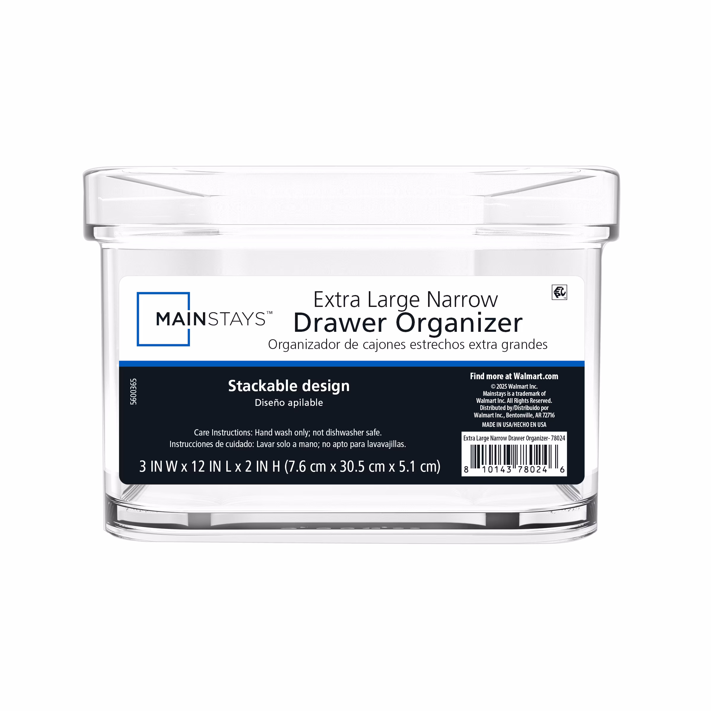 Mainstays Drawer Organizer Storage Tray, Extra Large Narrow, Clear Plastic, 12 in x 3 in x 2 in