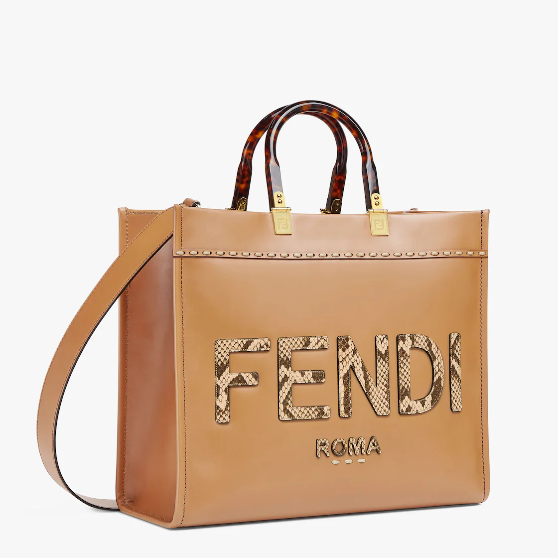 Fendi Medium Sunshine Shopping Tote Bag  Light brown leather and brocade snakeskin handbag