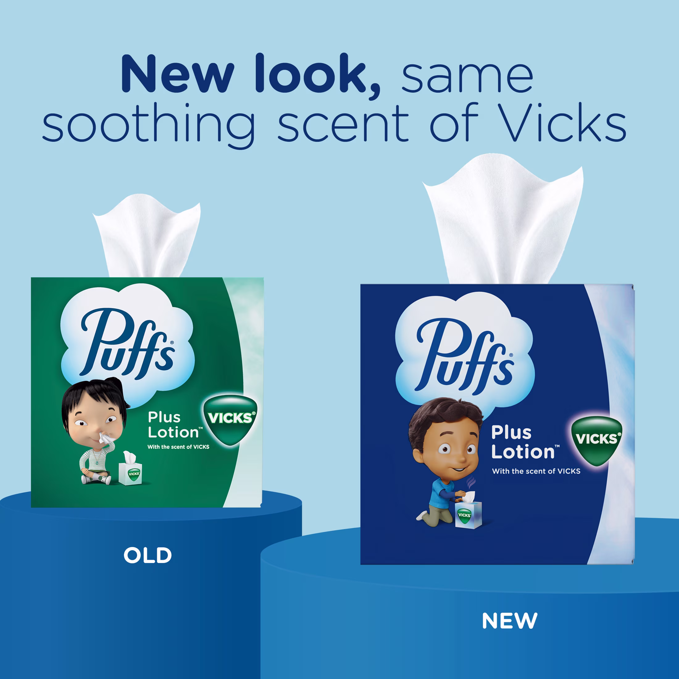 Puffs Facial Tissues Plus Lotion with the Scent of Vicks, 1 Cube Box, 48 Tissues Per Box