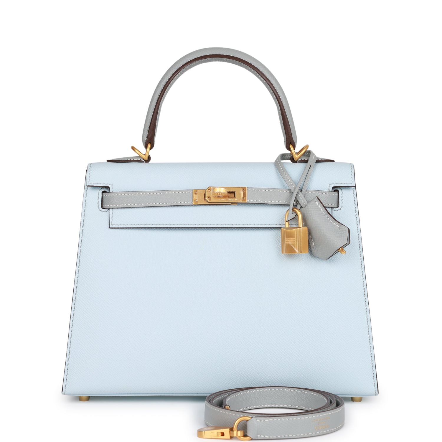 Hermes Special Order (HSS) Kelly Sellier 25 Bleu Brume and Bleu Glacier Epsom Brushed Gold Hardware