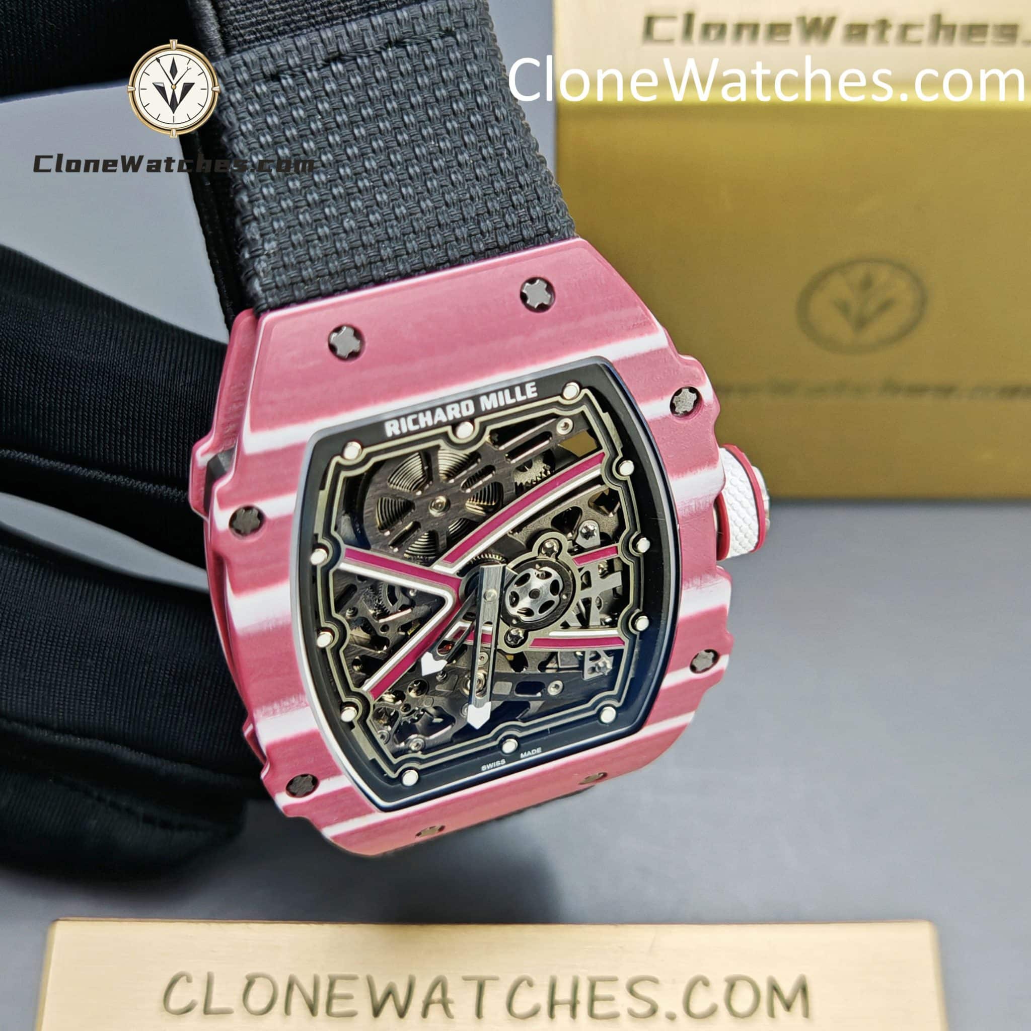 Richard Mille Super Clone Watches 1:1 RM 67 – 02 Red Carbon Tourbillon White Strap