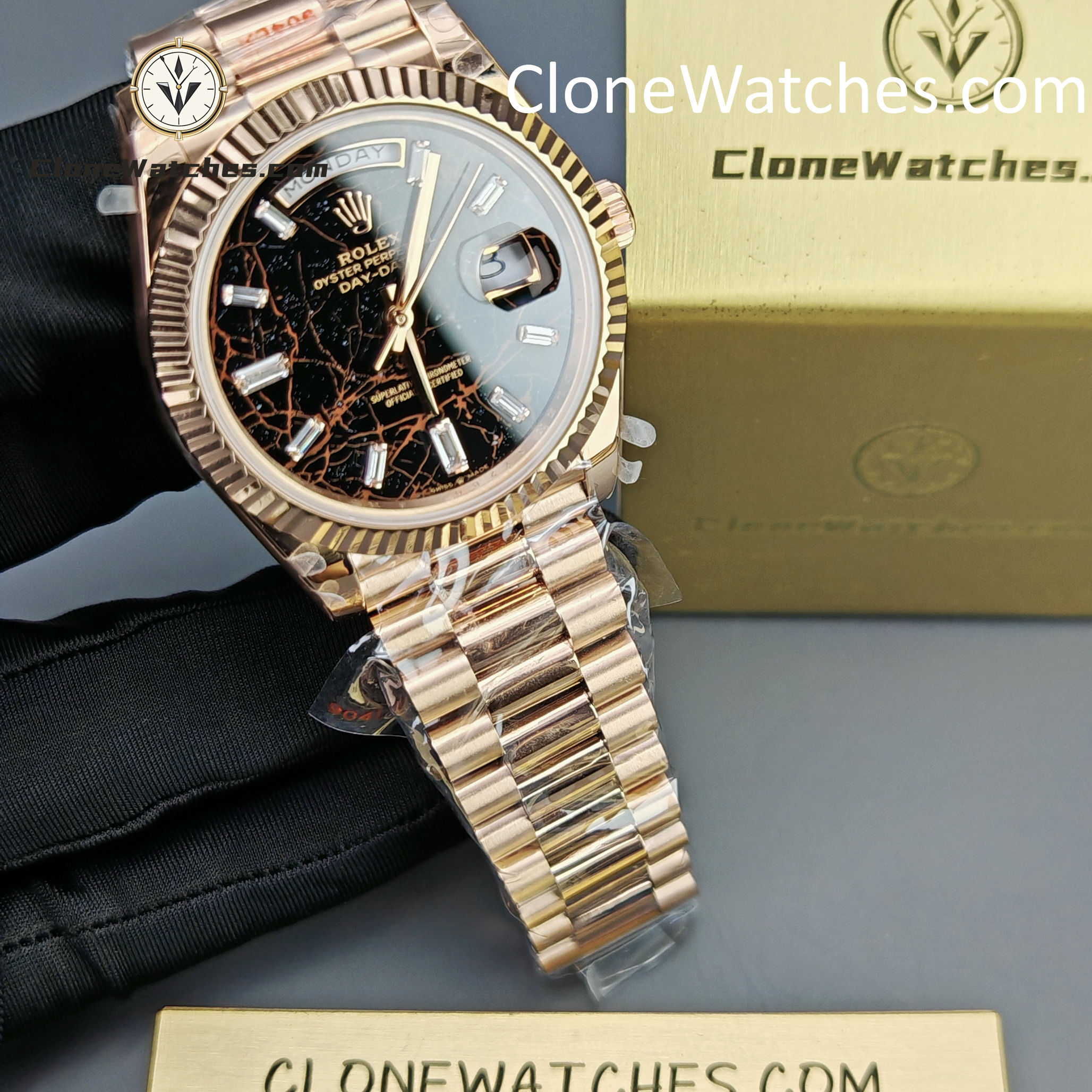 Rolex Super Clone Watches 1:1 Day Date 18K Rose Gold Black Diamond Dial 40mm m228235-0045 3255 Movement