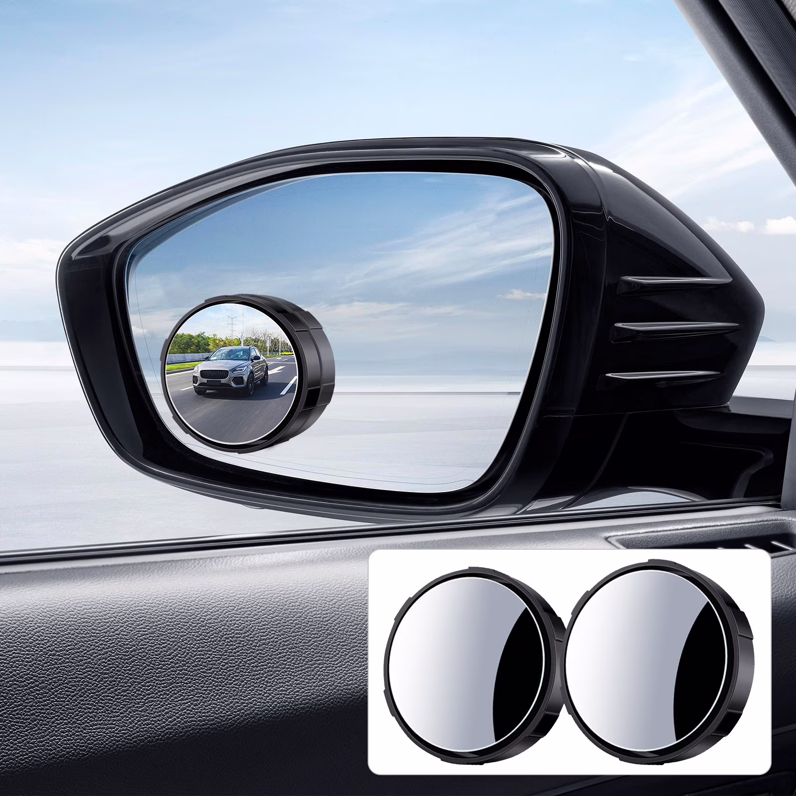 2PC Car Rearview Mirror Suction Cup Type Car Small Circular Mirror 360 Degree Rotation Wide-angle Large Field of View Reversing Assist Blind Mirror (Black)