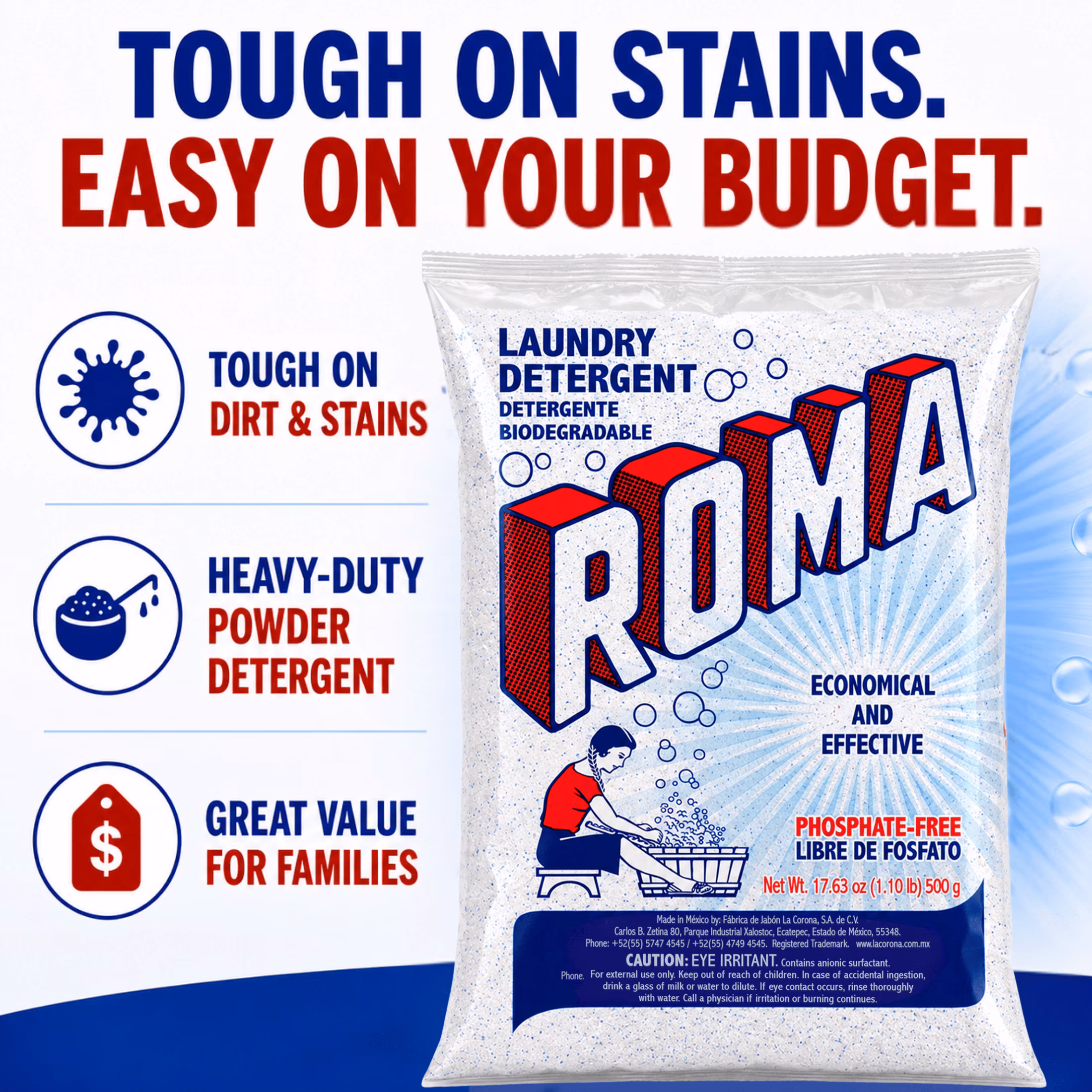 Roma Powder Laundry Detergent, Heavy Duty Cleaning for Stains, Grease and Dirt, 1.1 lb