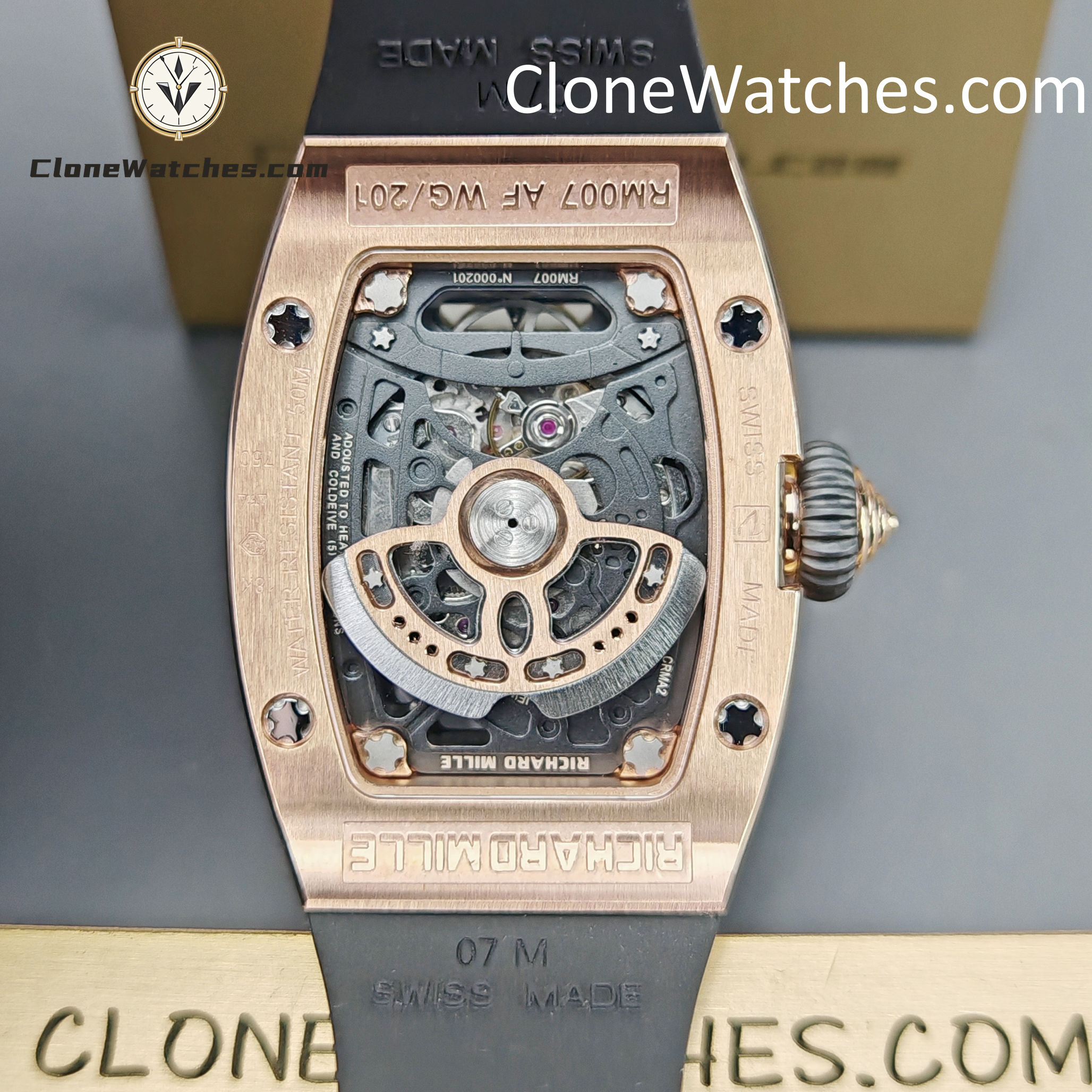 Richard Mille Super clone watches 1:1 RM 07-01Rose Gold Diamond dial Black strap