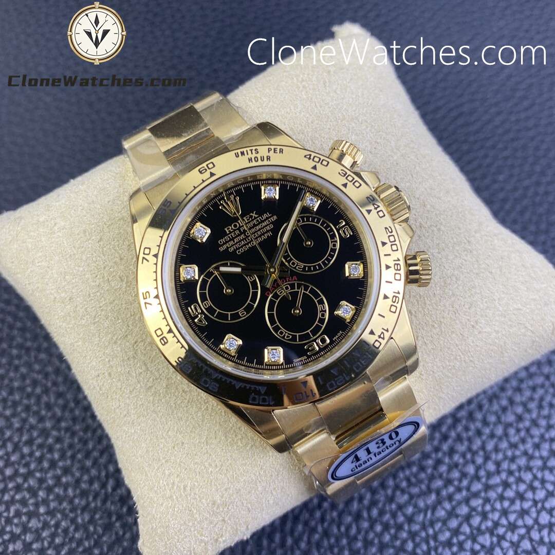 Rolex Super Clone Watches 1:1 Daytona 18K Gold Black Diamonds Dial M116508-0008 4130 Movement