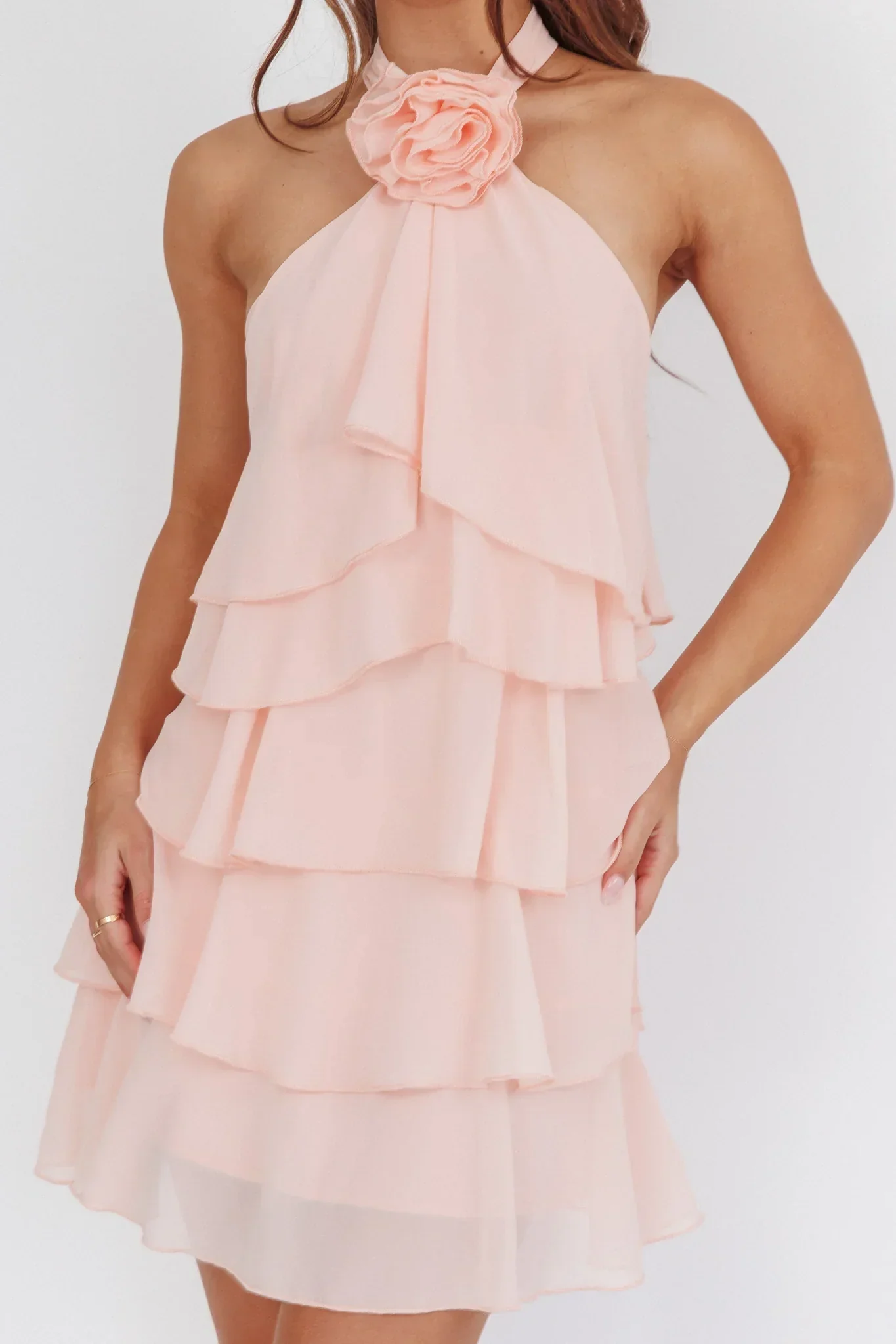 Southern Belles Halterneck Ruffle Mini Dress Pink