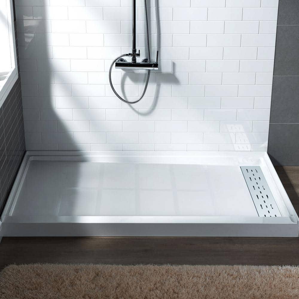 Woodbridge Krasik 60 in. L x 36 in. W Alcove Solid Surface Shower Pan Base with Right Drain in White with Chrome Cover, White with Chrome Drain Cover