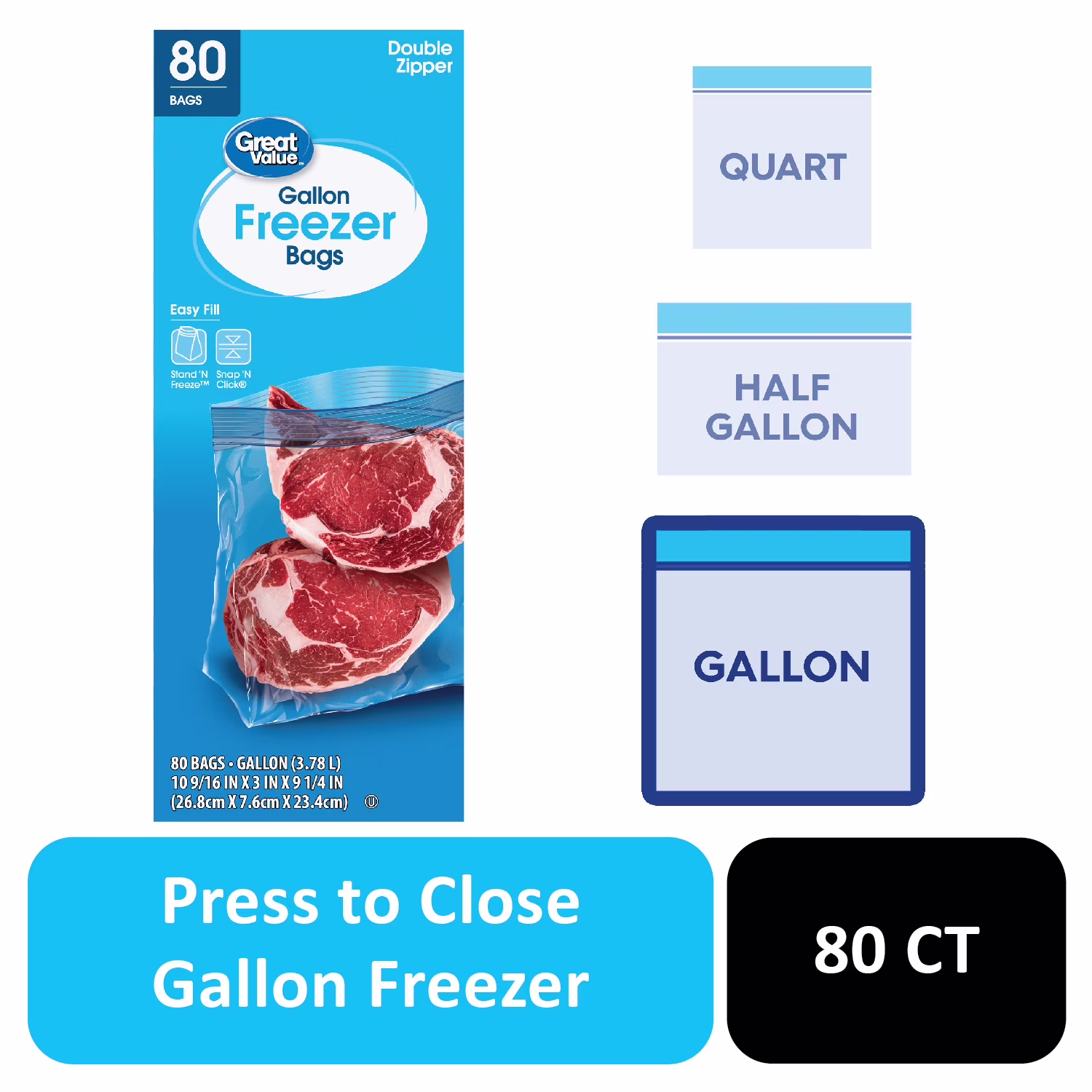 Great Value Freezer Guard Double Zipper Gallon Freezer Bag, 80 Count