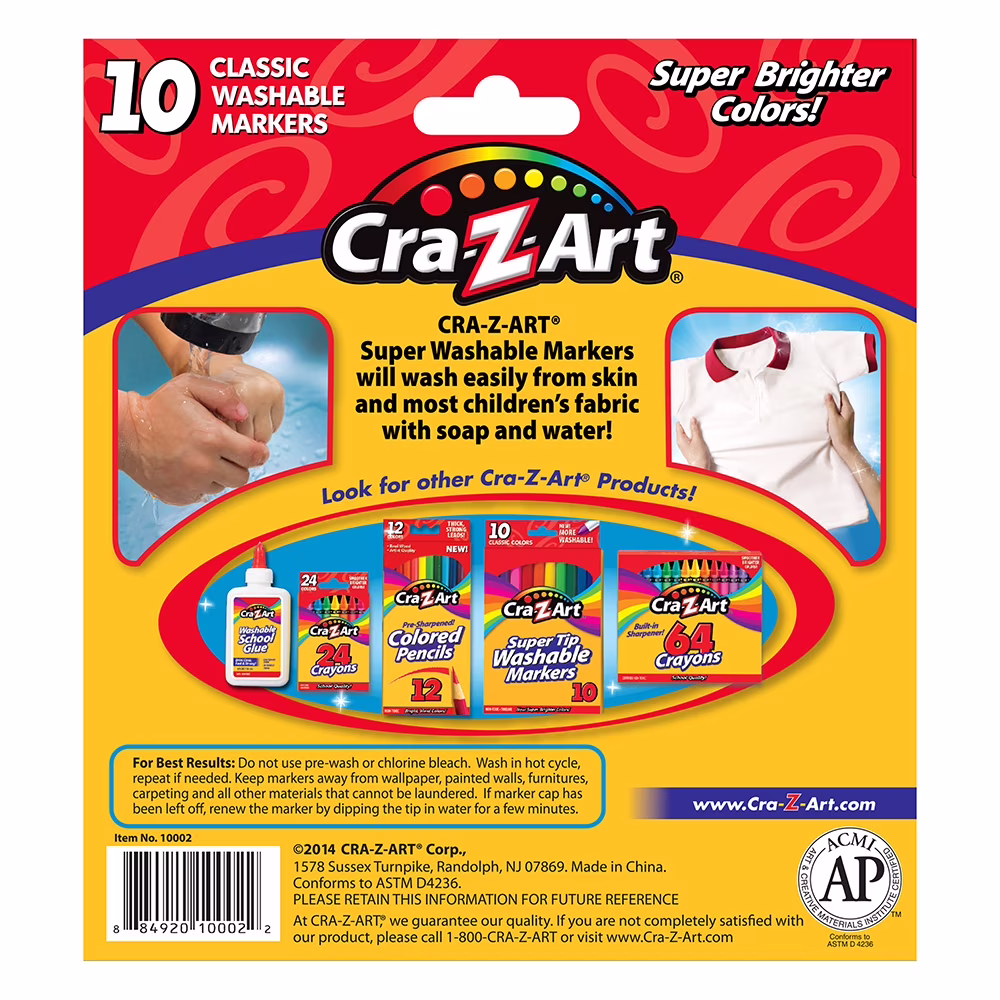 Cra-Z-Art Classic Multicolor Broad Line Washable Markers, 10 Count, School Supplies