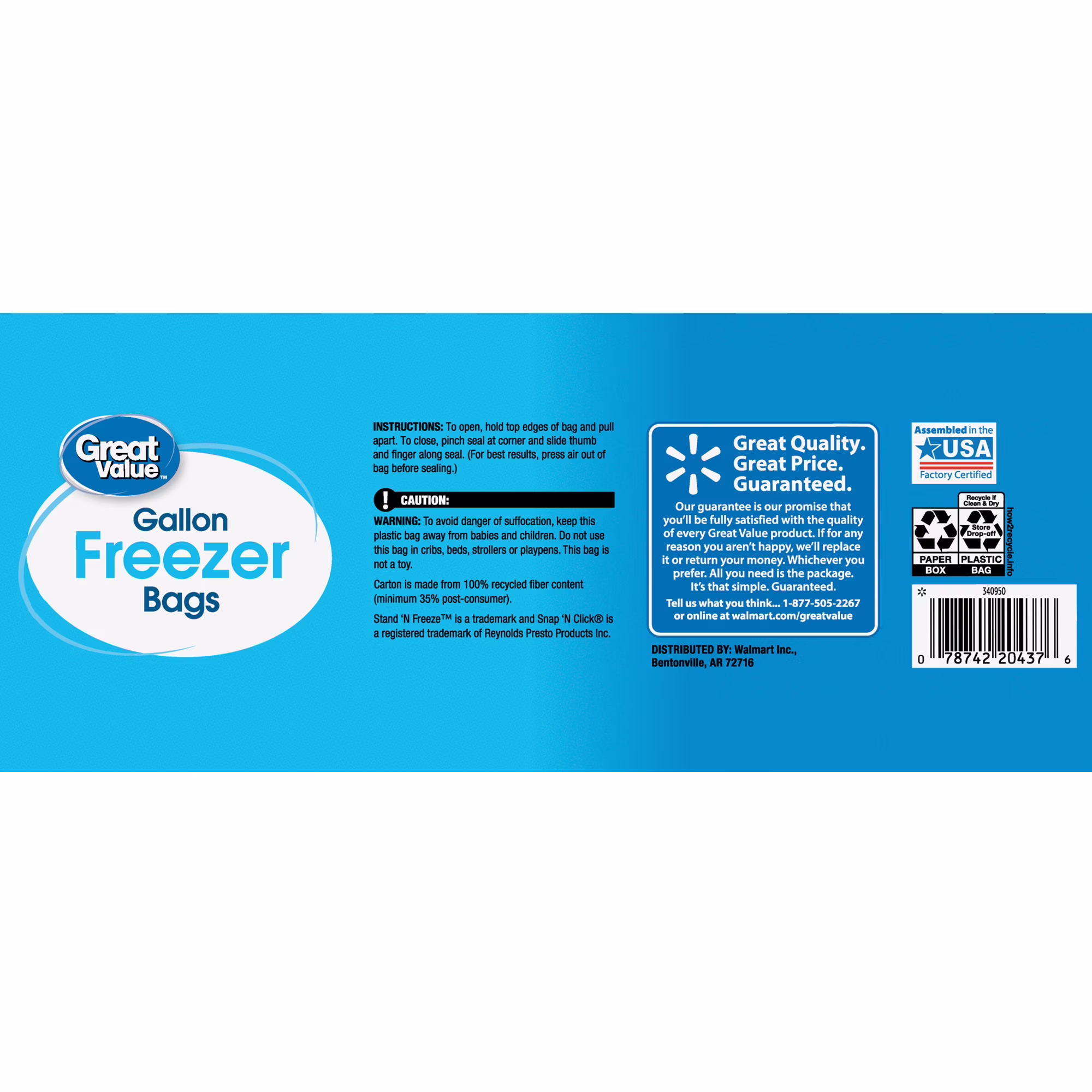 Great Value Freezer Guard Double Zipper Gallon Freezer Bag, 80 Count