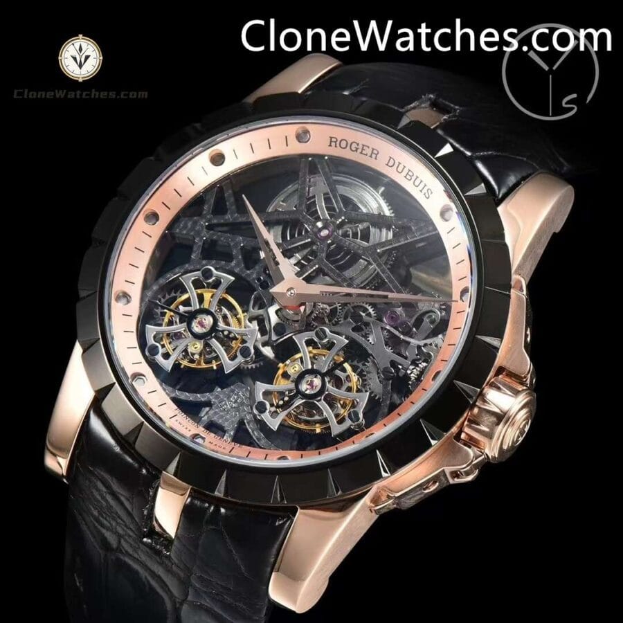 Roger Dubuis Super Clone Watches 1:1 Excalibur Rose Gold Skeleton Double Flying Tourbillon RDDBEX0397 45MM