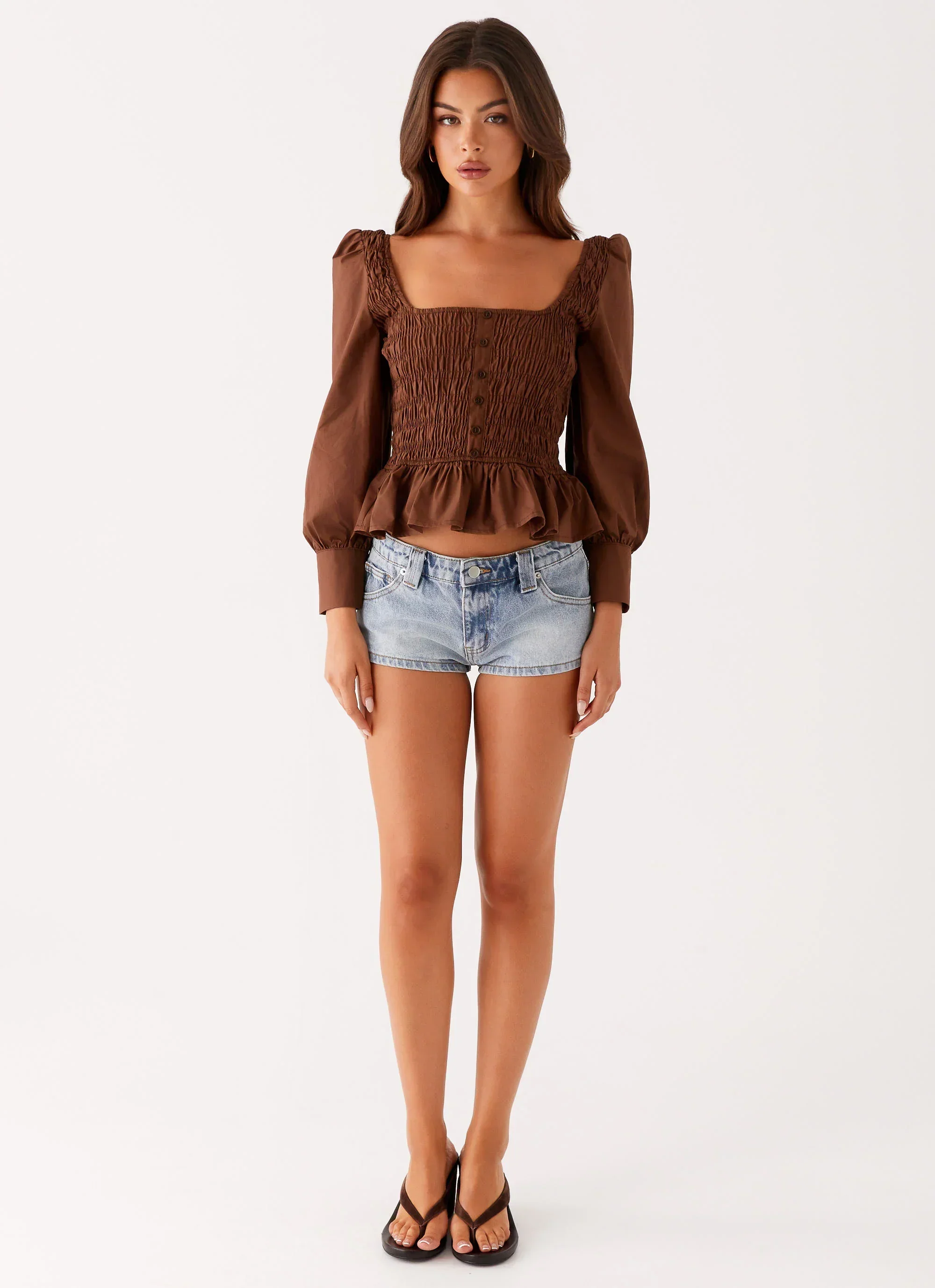 Joyce Long Sleeve Cotton Shirred Top - Chocolate