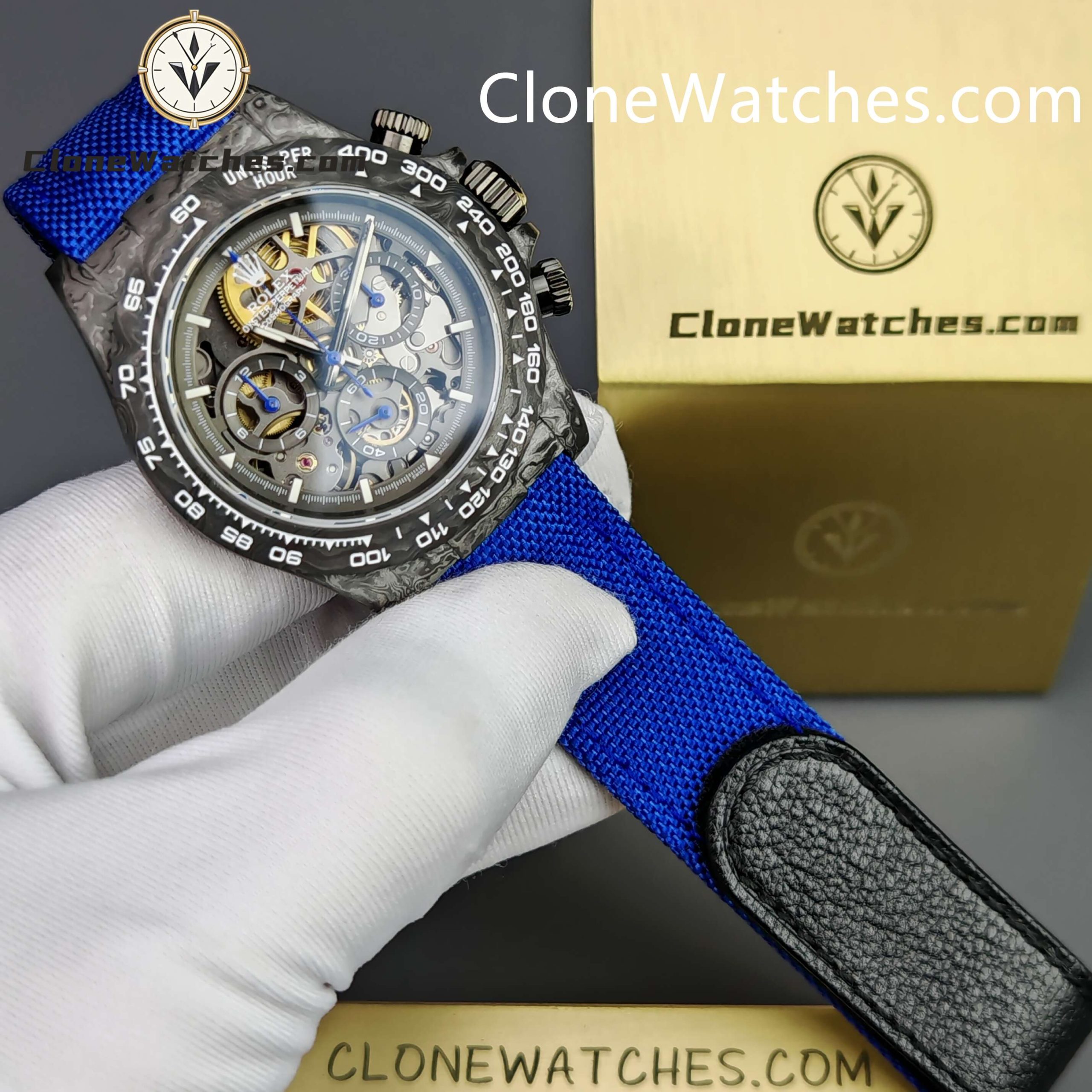 Modified Super Clone Watches 1:1 GET Rolex Daytona Skeleton Dial 4130 Movement Blue Strap