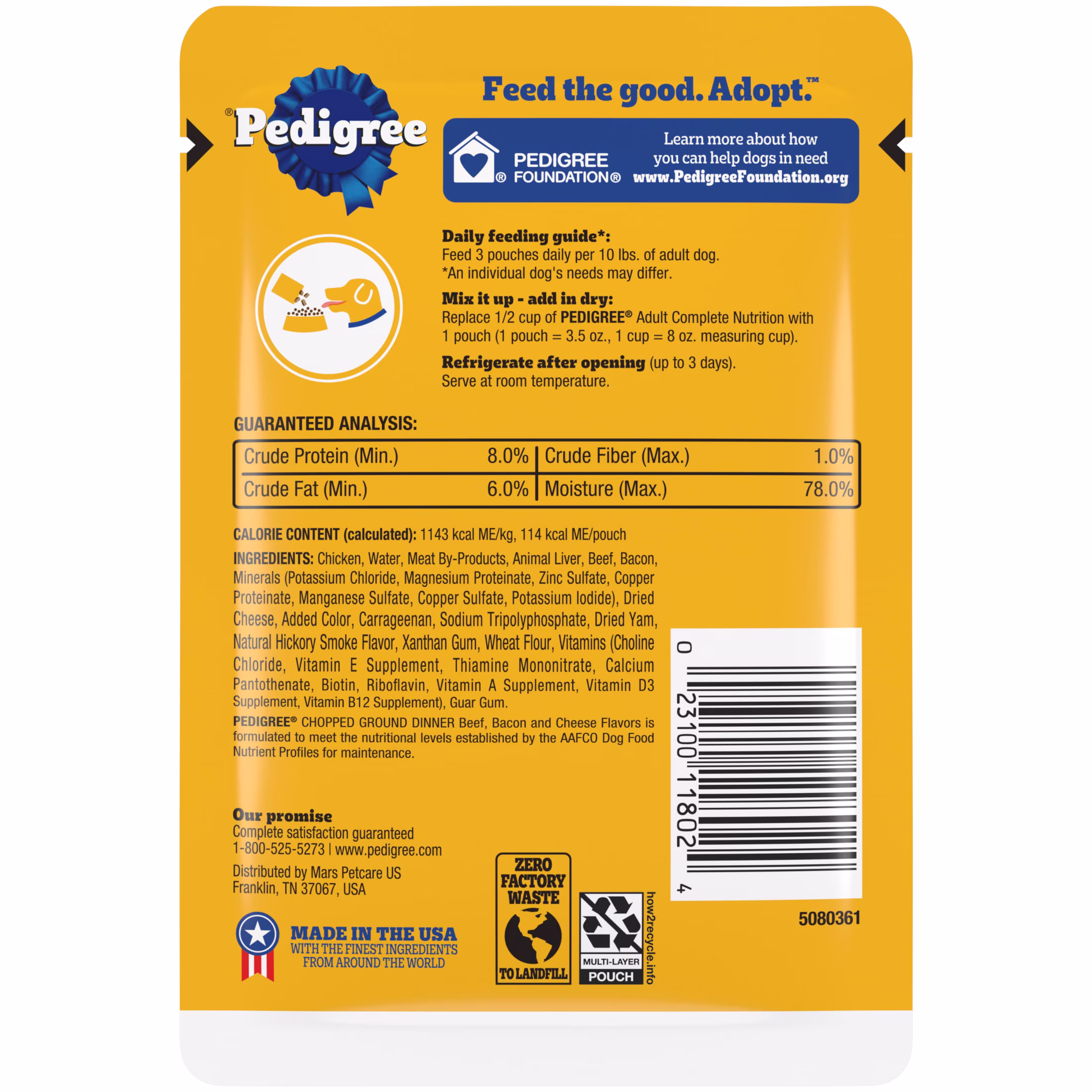 Pedigree Chopped Ground Dinner Beef, Bacon & Cheese Flavors Adult Soft Wet Dog Food, 3.5 Oz Pouches