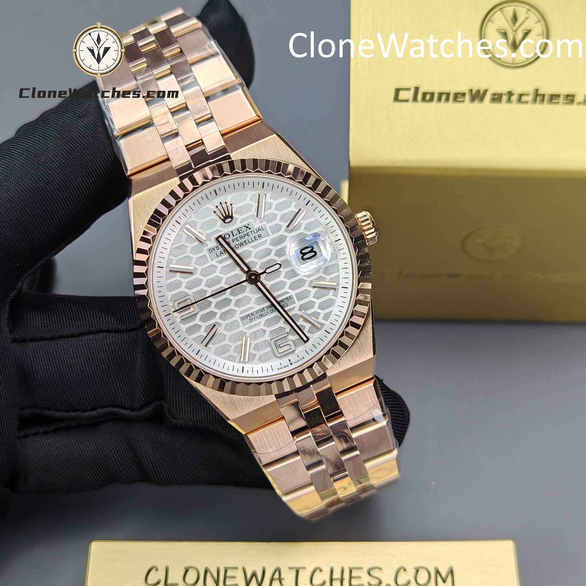 Rolex Super Clone Watches 1:1 Land-Dweller M127335-0001 White Dial Rose Gold 7135 Movement 40mm