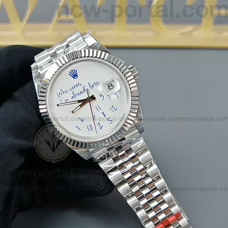 Rolex Super Clone Watches 1:1 DateJust “Who Cares I’m Already Late” White Custom Dial m126334 Jubilee 41MM 3235 Movement