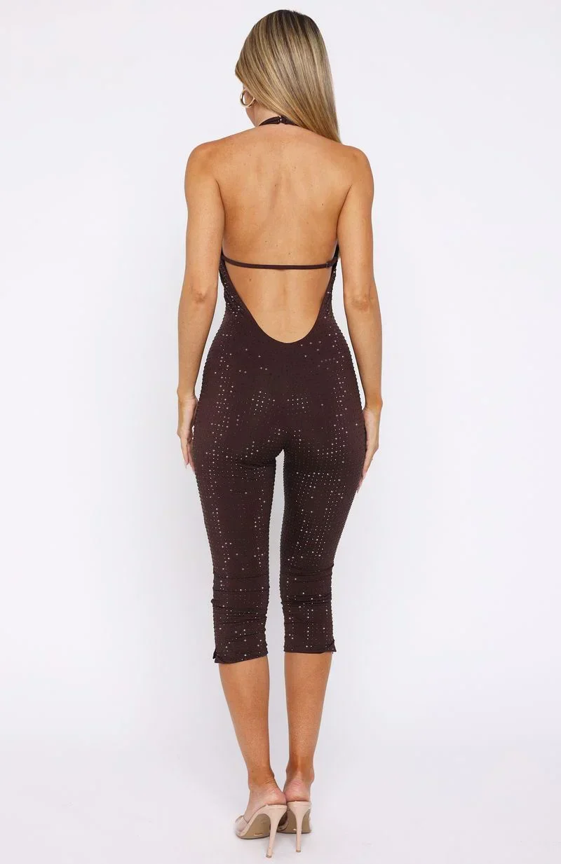 Retrograde Romance Embellished Jumpsuit Chocolate
