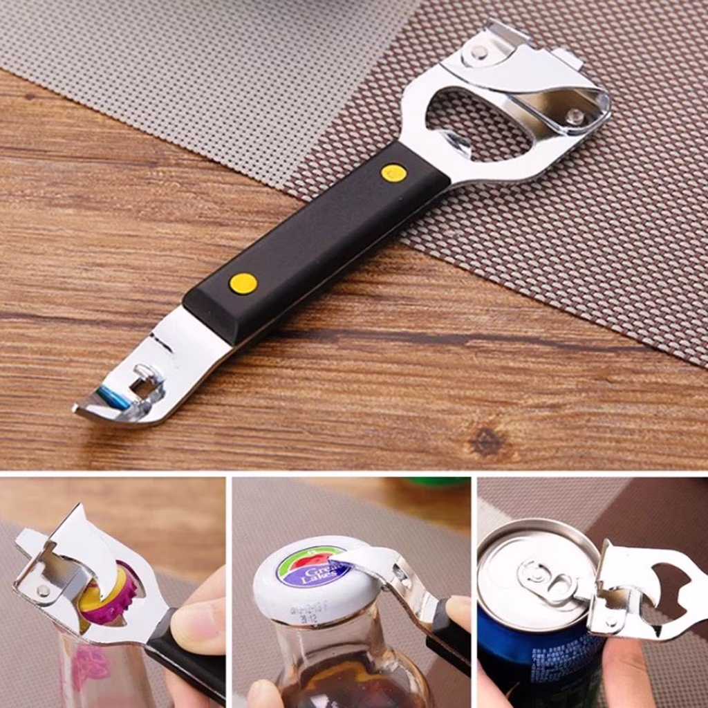 Stainless Steel 4-in-1 Can Opener & Bottle Opener, Church Key Style with Cap Catcher, Camping Essential for RV, Kitchen & Travel, Dishwasher Safe Clearance!