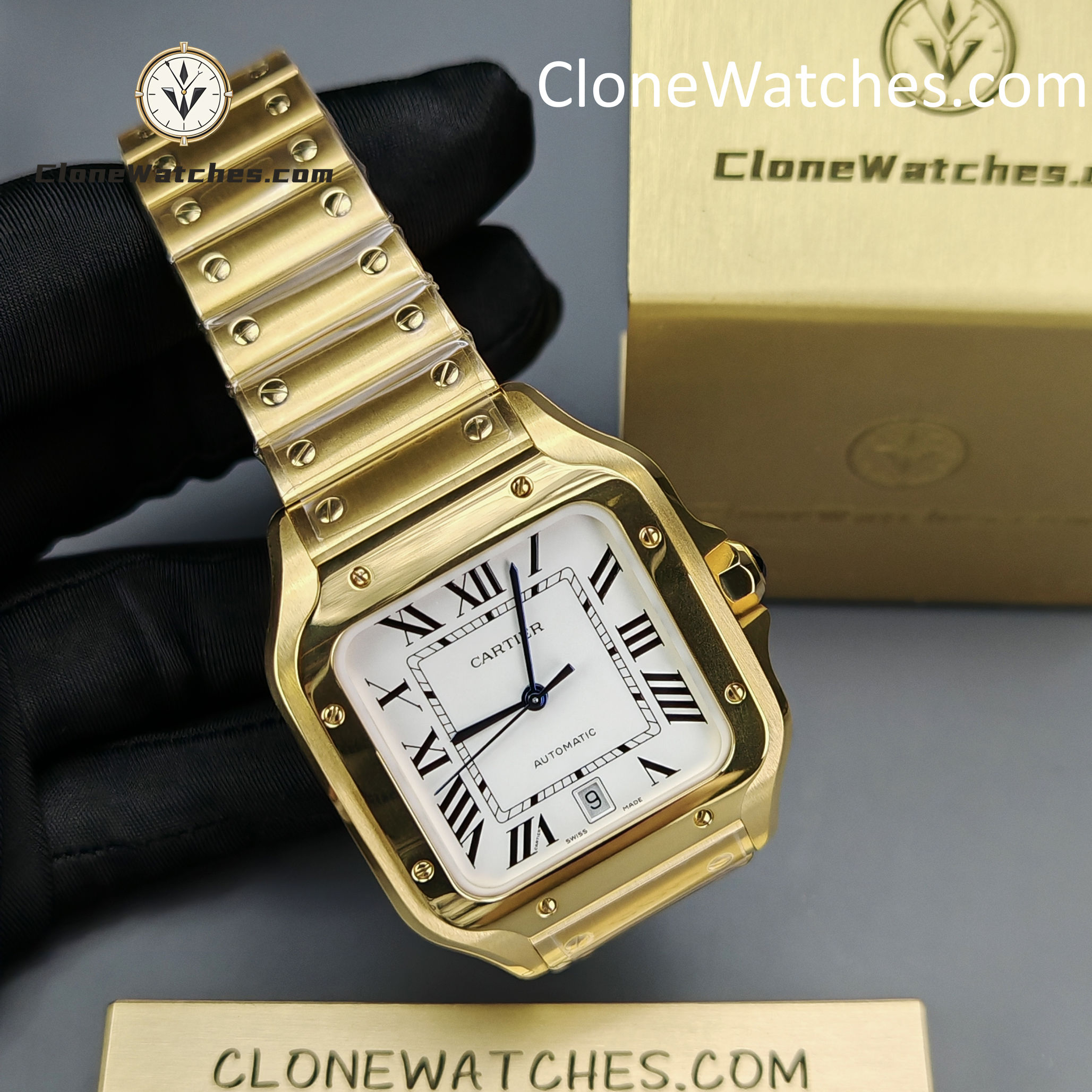 Cartier Super Clone Watches 1:1 Santos 18K Gold White Dial 39.8MM WGSA0009
