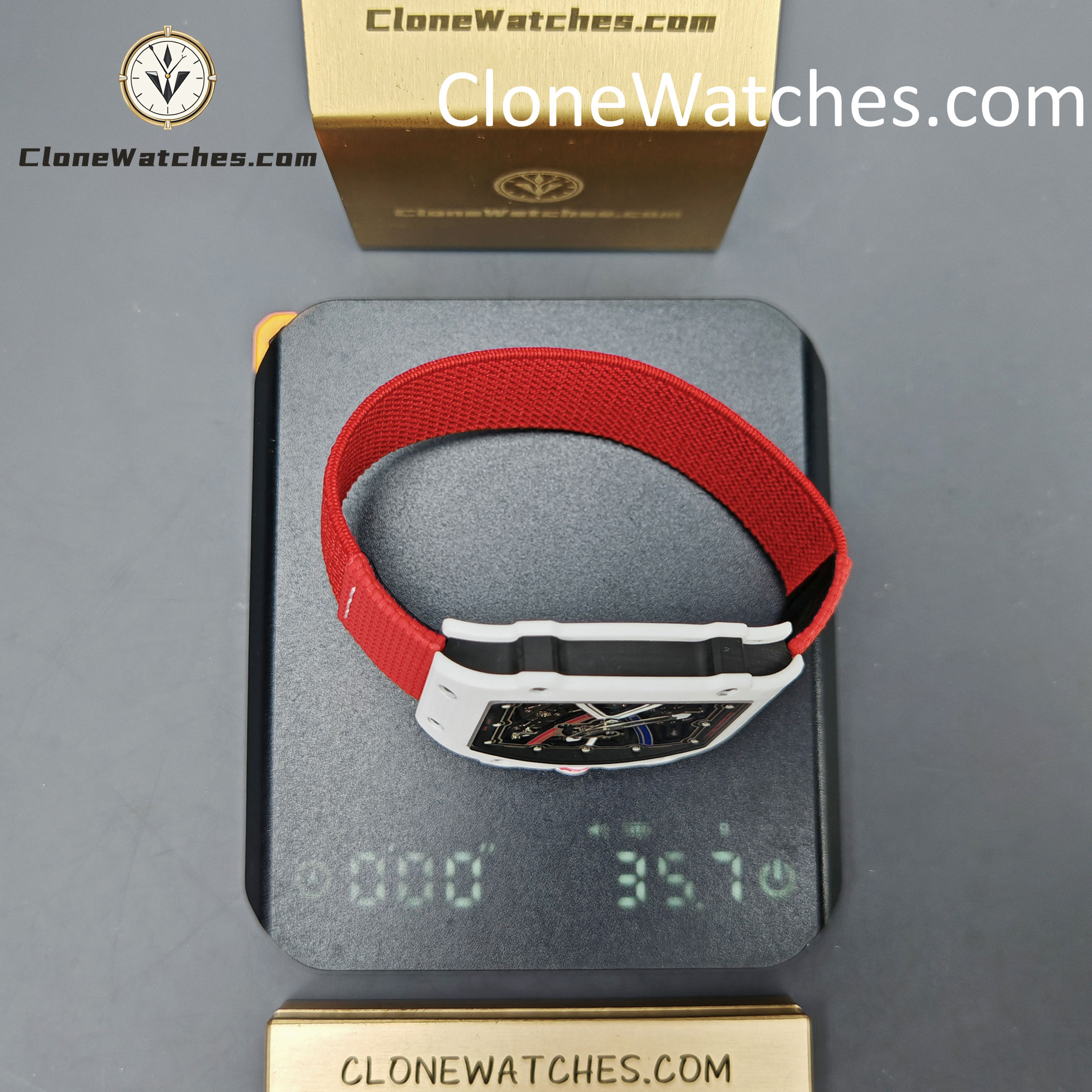 Richard Mille Super Clone Watches 1:1 RM 67 – 02 White Carbon Tourbillon Red Strap