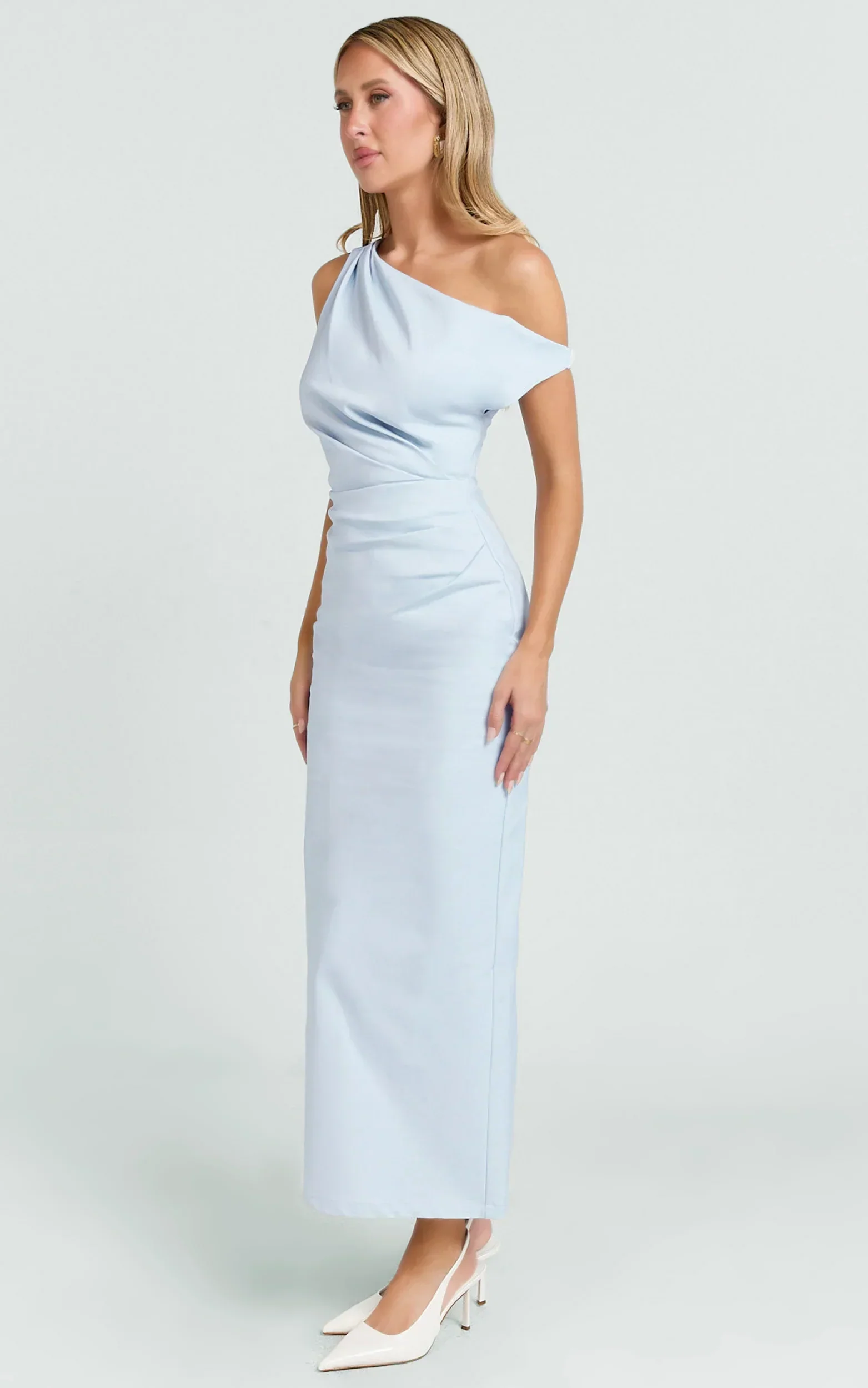 Alexandria Midi Dress - Tip Shoulder Draped Fitted Dress in Blue