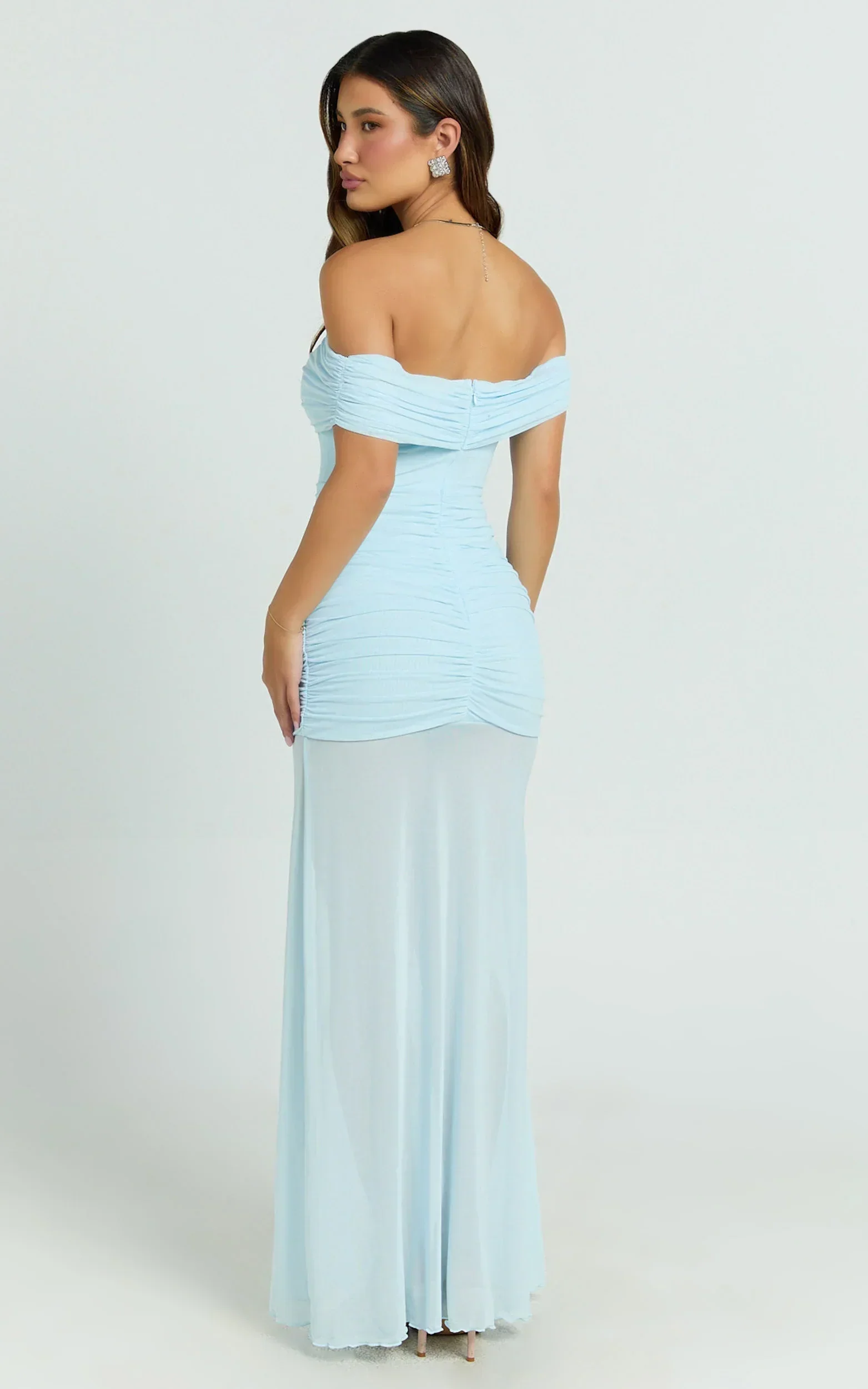 Leticia Maxi Dress - Mesh Off Shoulder Ruched High Split Dress in Blue