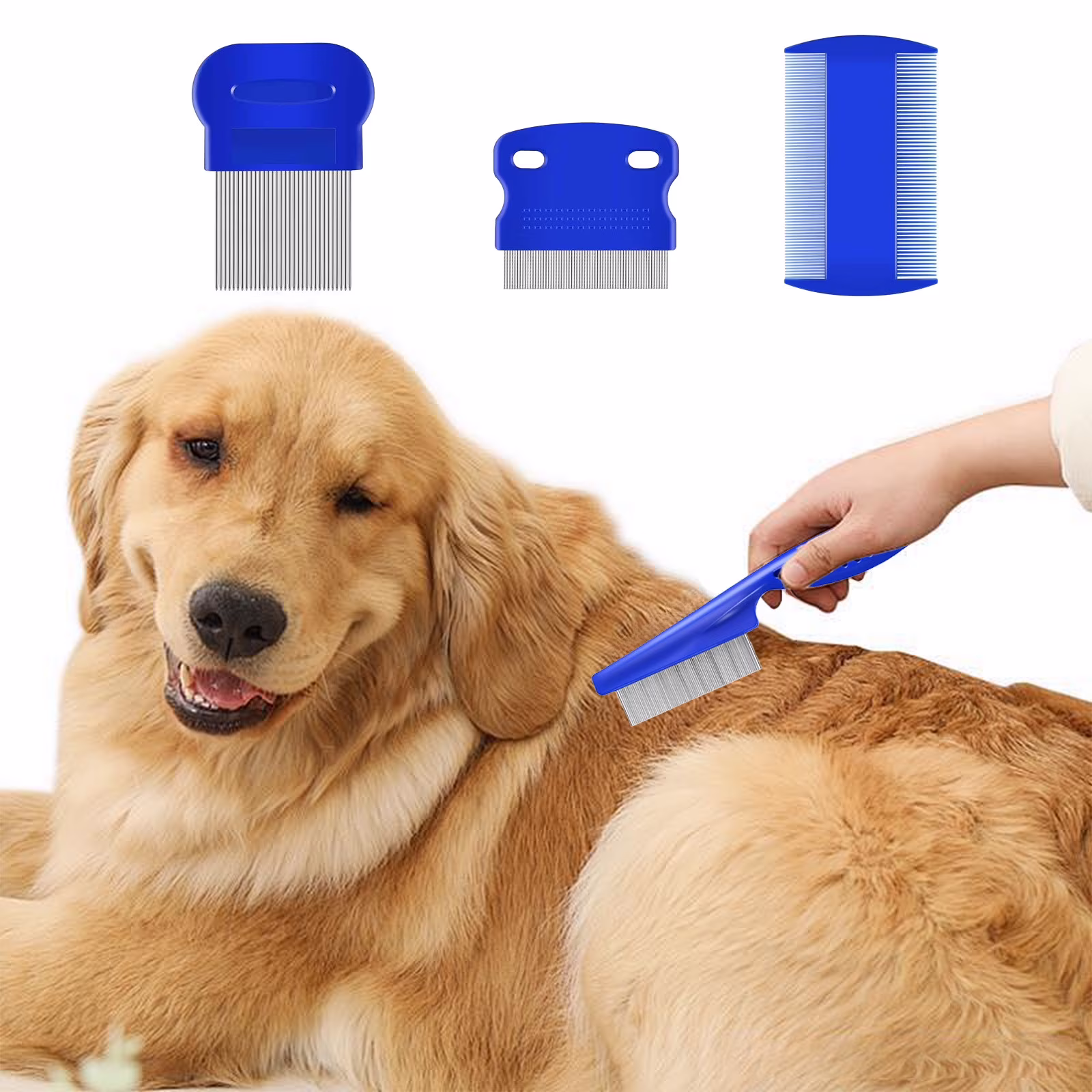 Flea Lice Comb Set, Stainless Steel Dog Cat Grooming Combs with Rounded Teeth, Double Sided Pet Tear Stain Remover, 4Pcs Dematting Tool