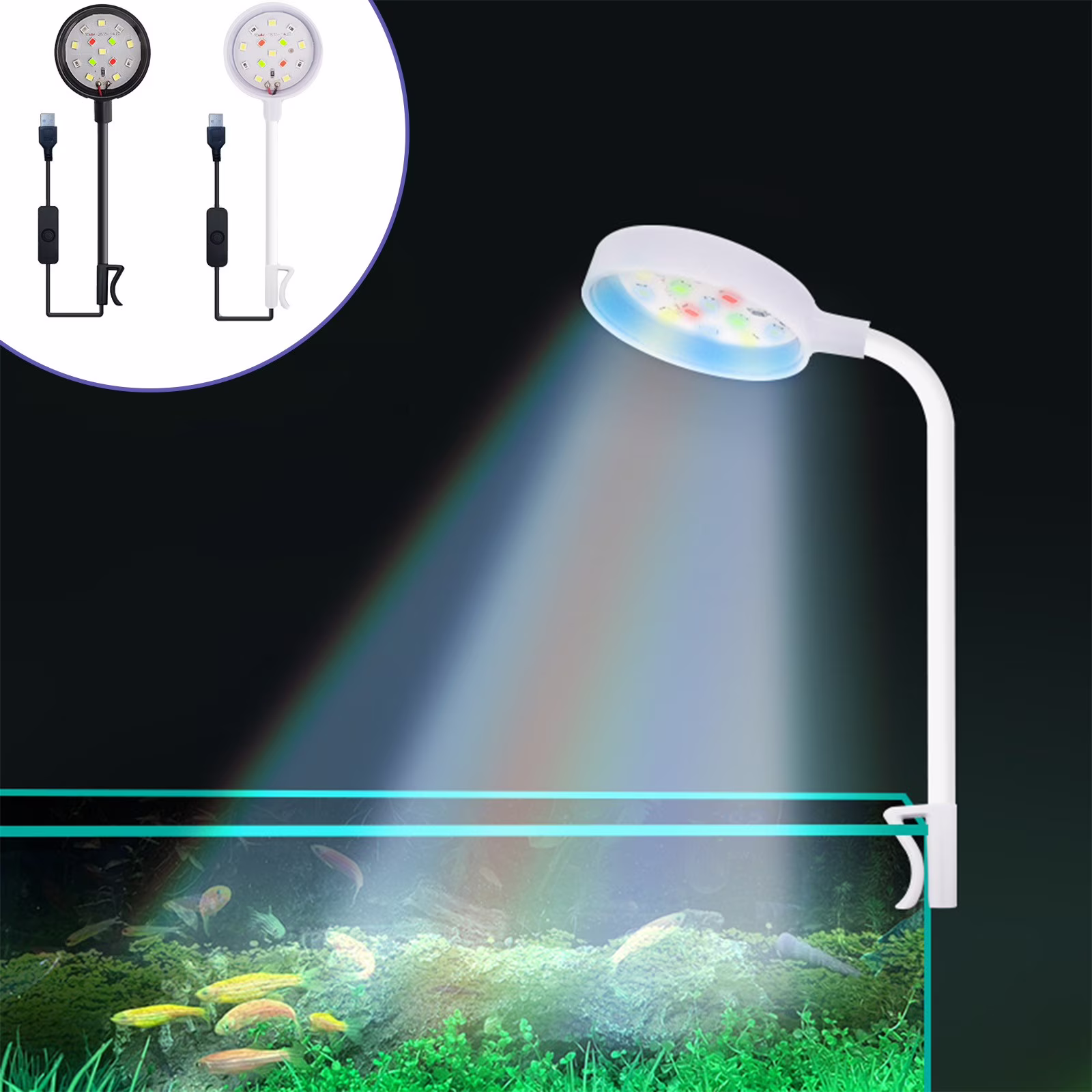 FEOLGEHLY Aquarium LED Light with Clip, Full Spectrum Fish Tank Light, 7-Color Changing Modes, Dimmable, Waterproof, for 10-24 Inch Tanks, Black