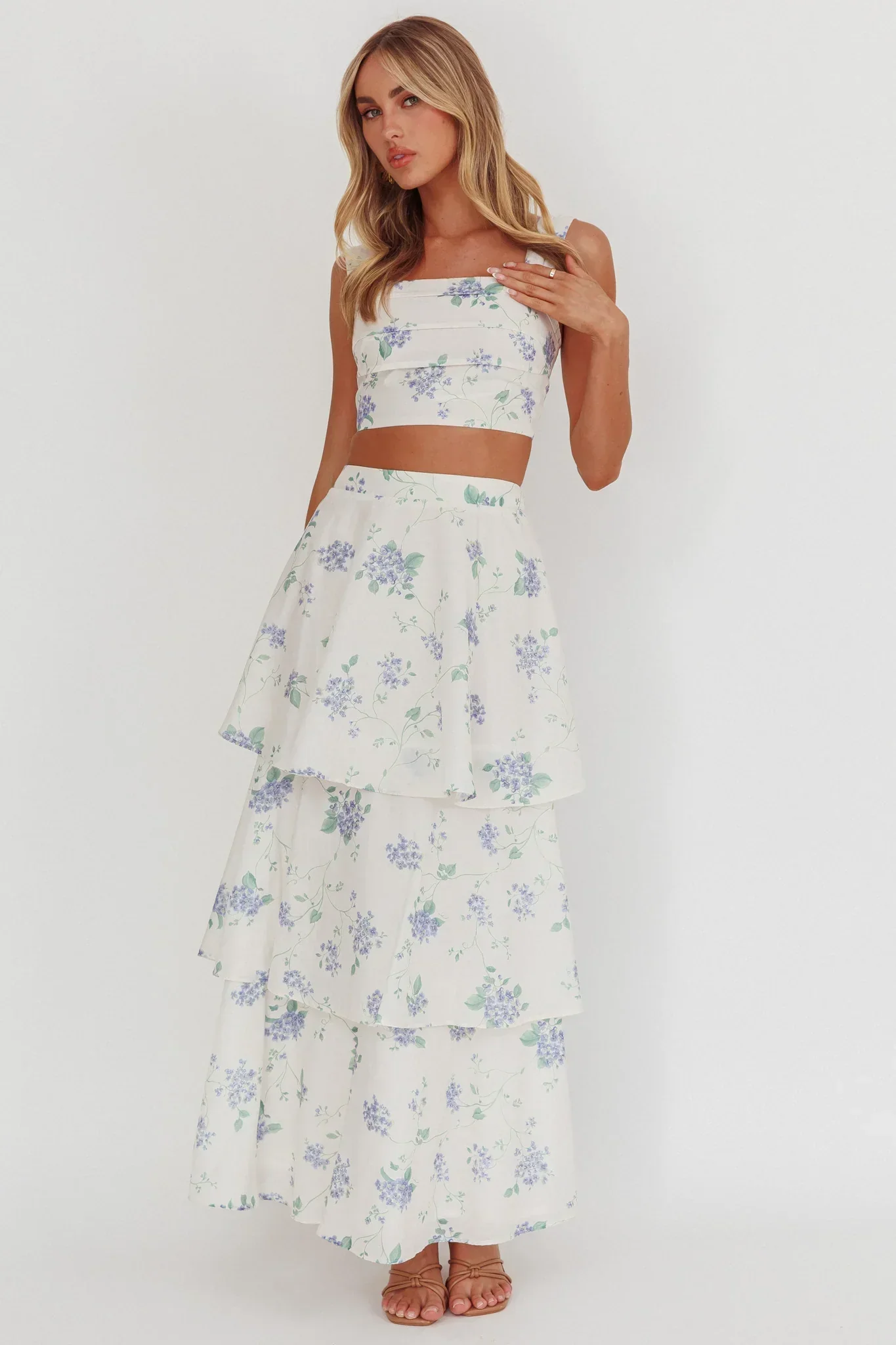 Dixon Tiered Maxi Skirt Floral Beige