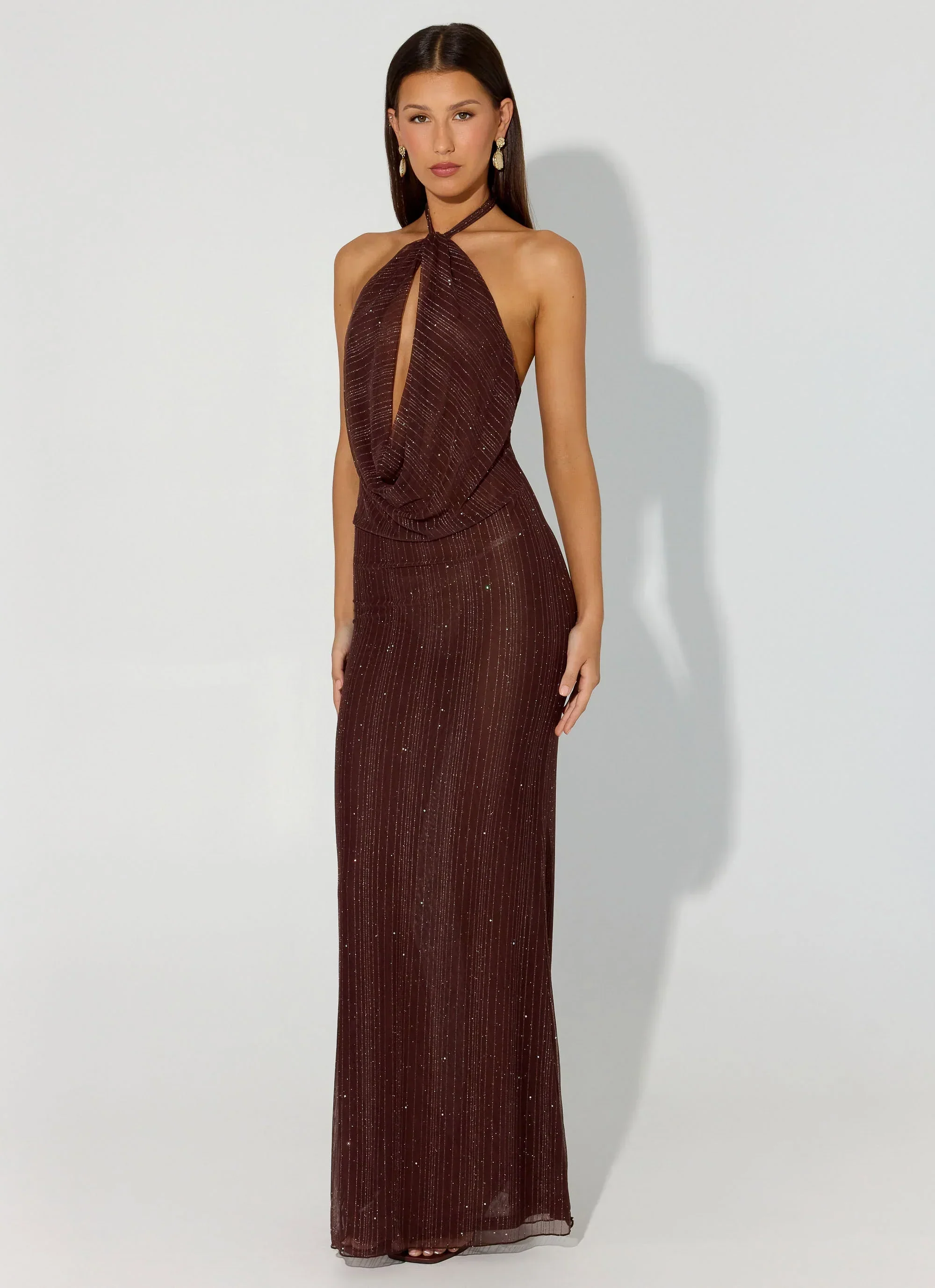Haylan Sparkle Mesh Maxi Dress - Chocolate