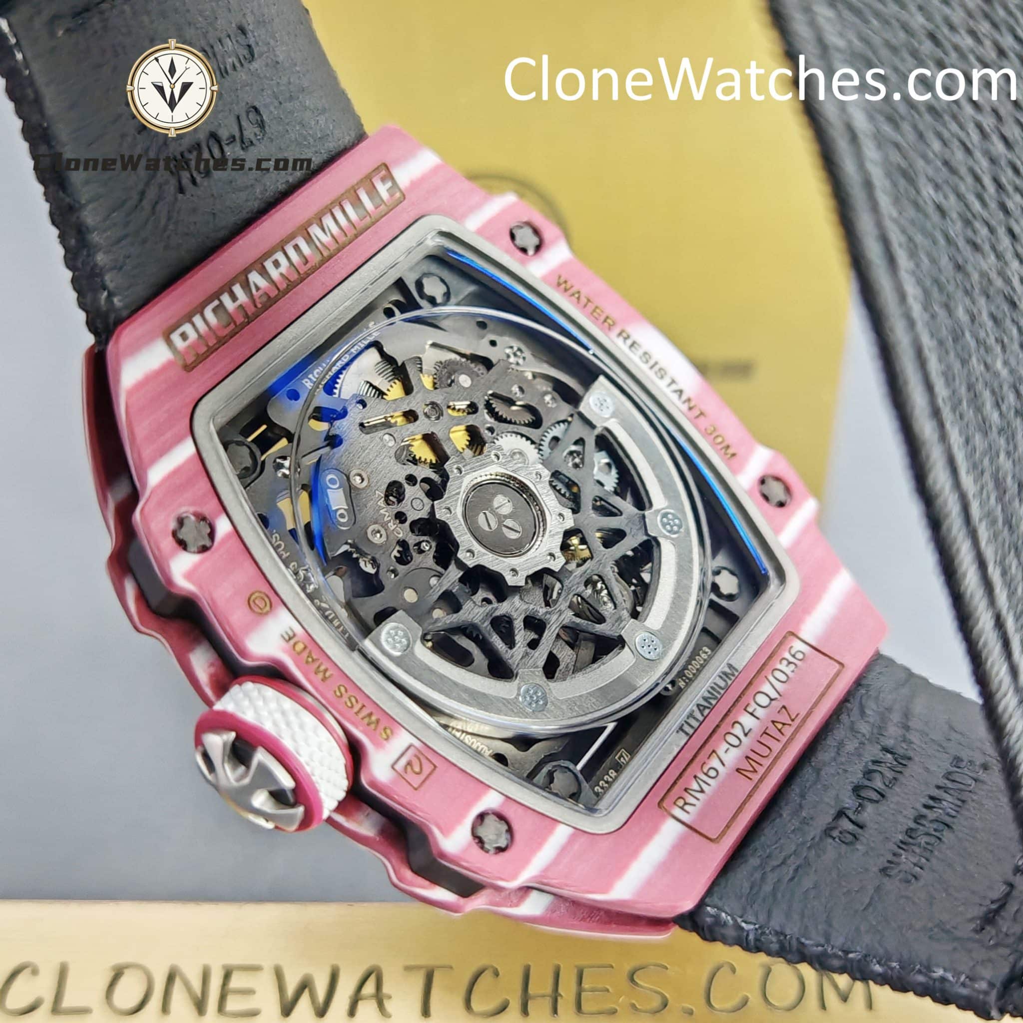 Richard Mille Super Clone Watches 1:1 RM 67 – 02 Red Carbon Tourbillon White Strap