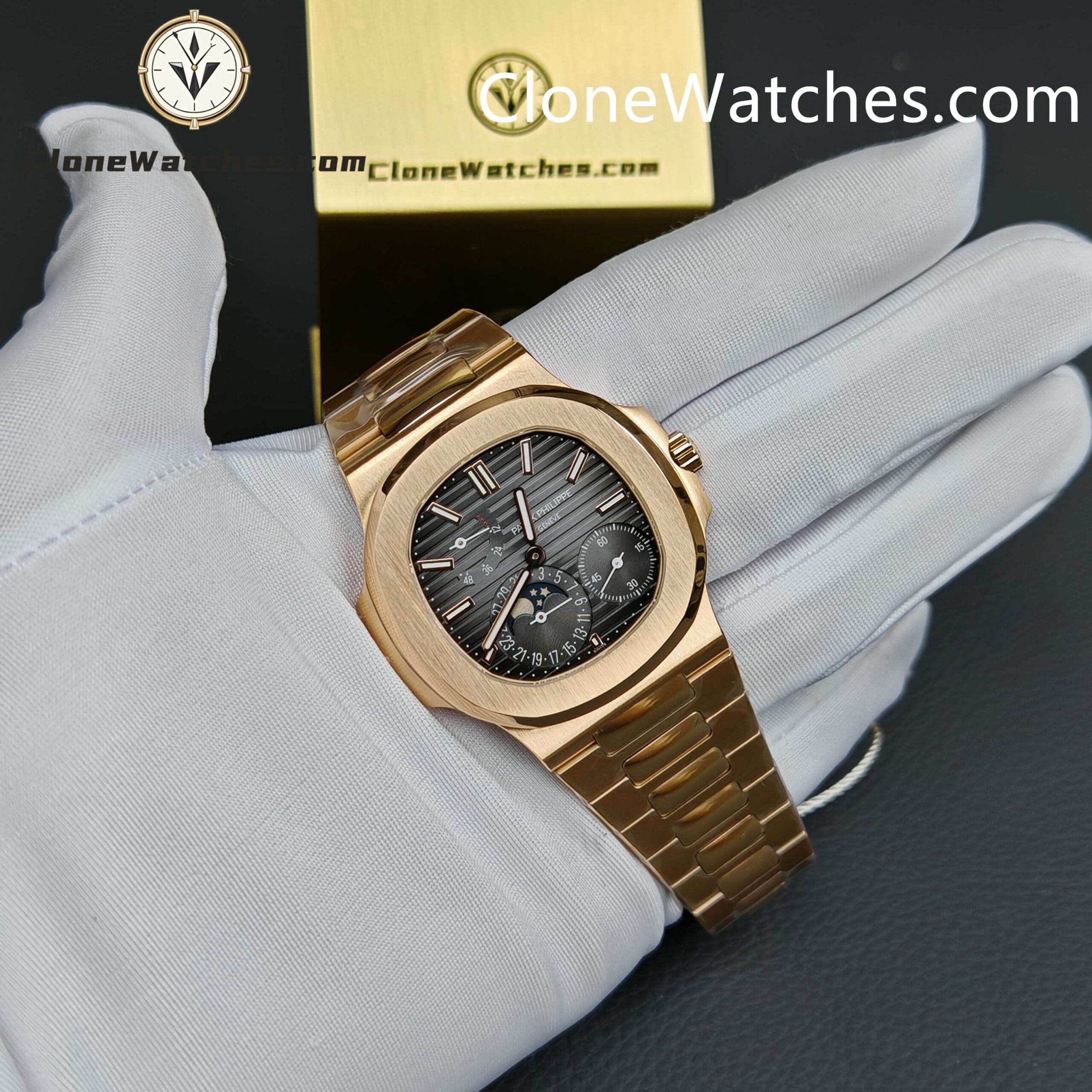 Patek Philippe Super Clone Watches 1:1 Nautilus Moon Phase 18K Rose Gold 5712 Grey Dial New Clasp