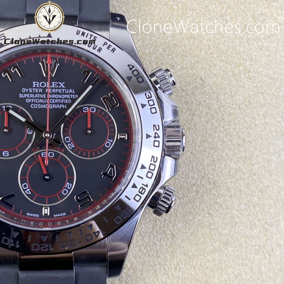Rolex Super Clone Watches 1:1 Daytona Black/Red Dial Rubber Strap M116519 4130 Movement