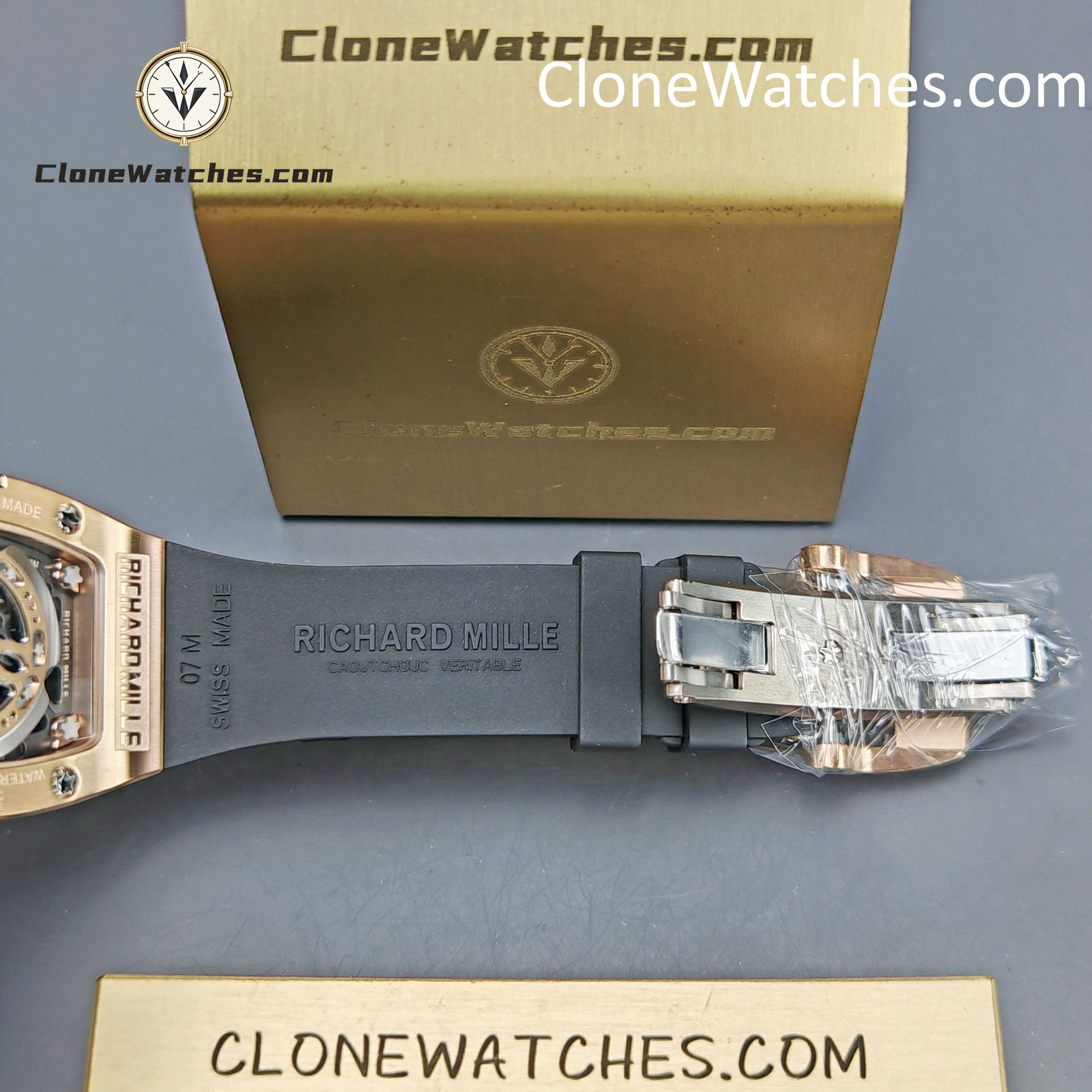 Richard Mille Super clone watches 1:1 RM 07-01Rose Gold Diamond dial Black strap