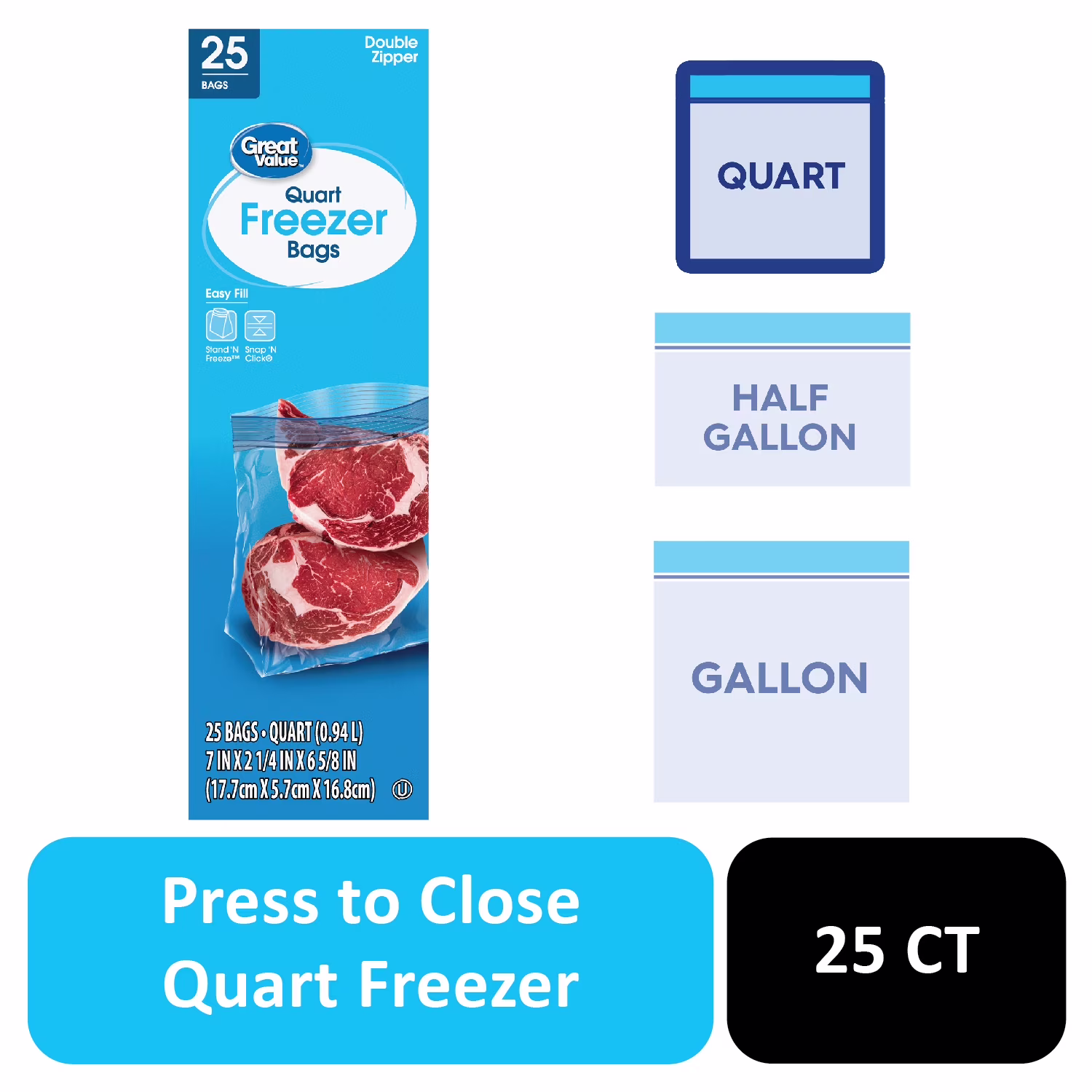 Great Value Freezer Guard Double Zipper Quart Freezer Bag, 25 Count