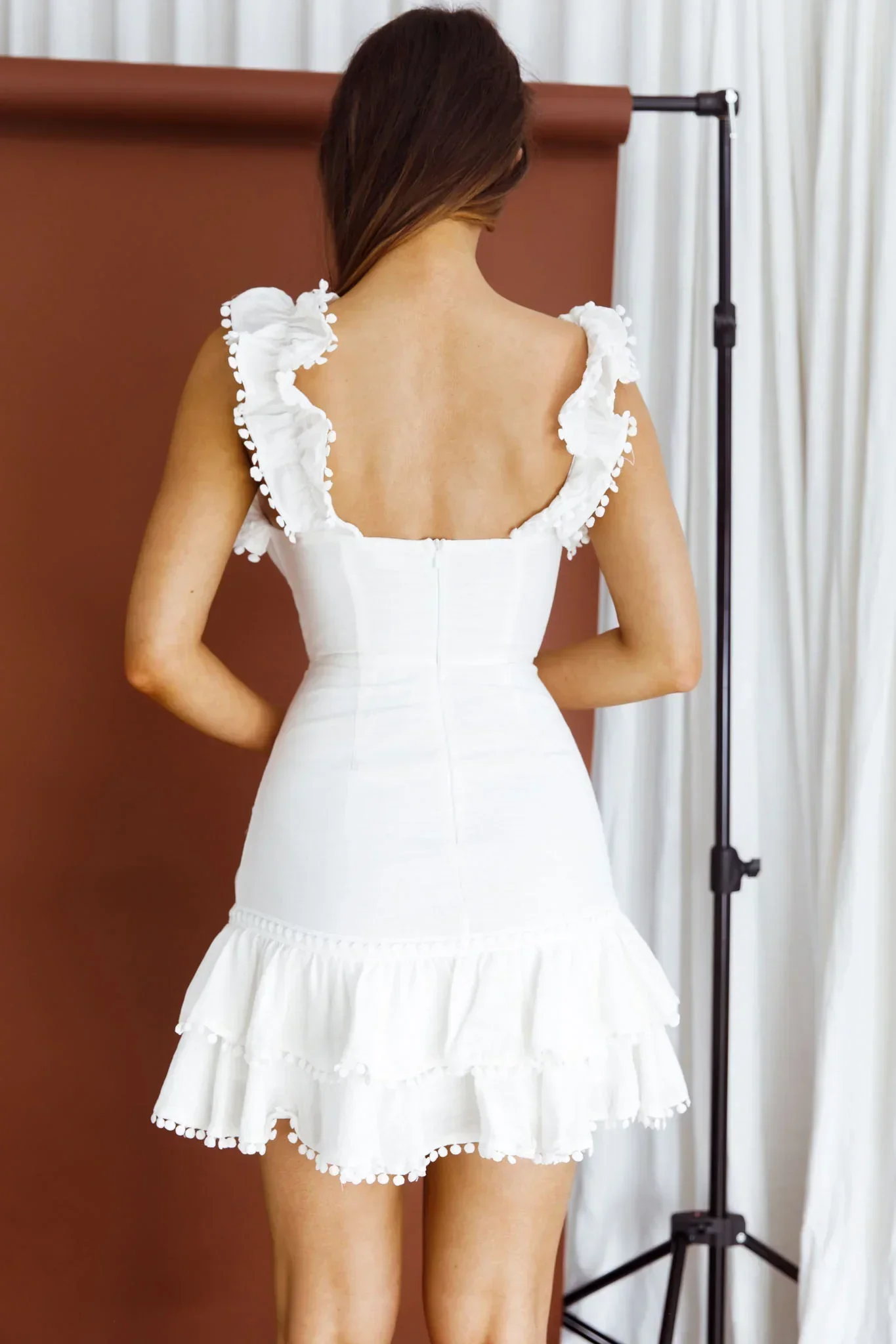 Annie Ruffle Shoulder Strap Layered Hem Mini Dress White