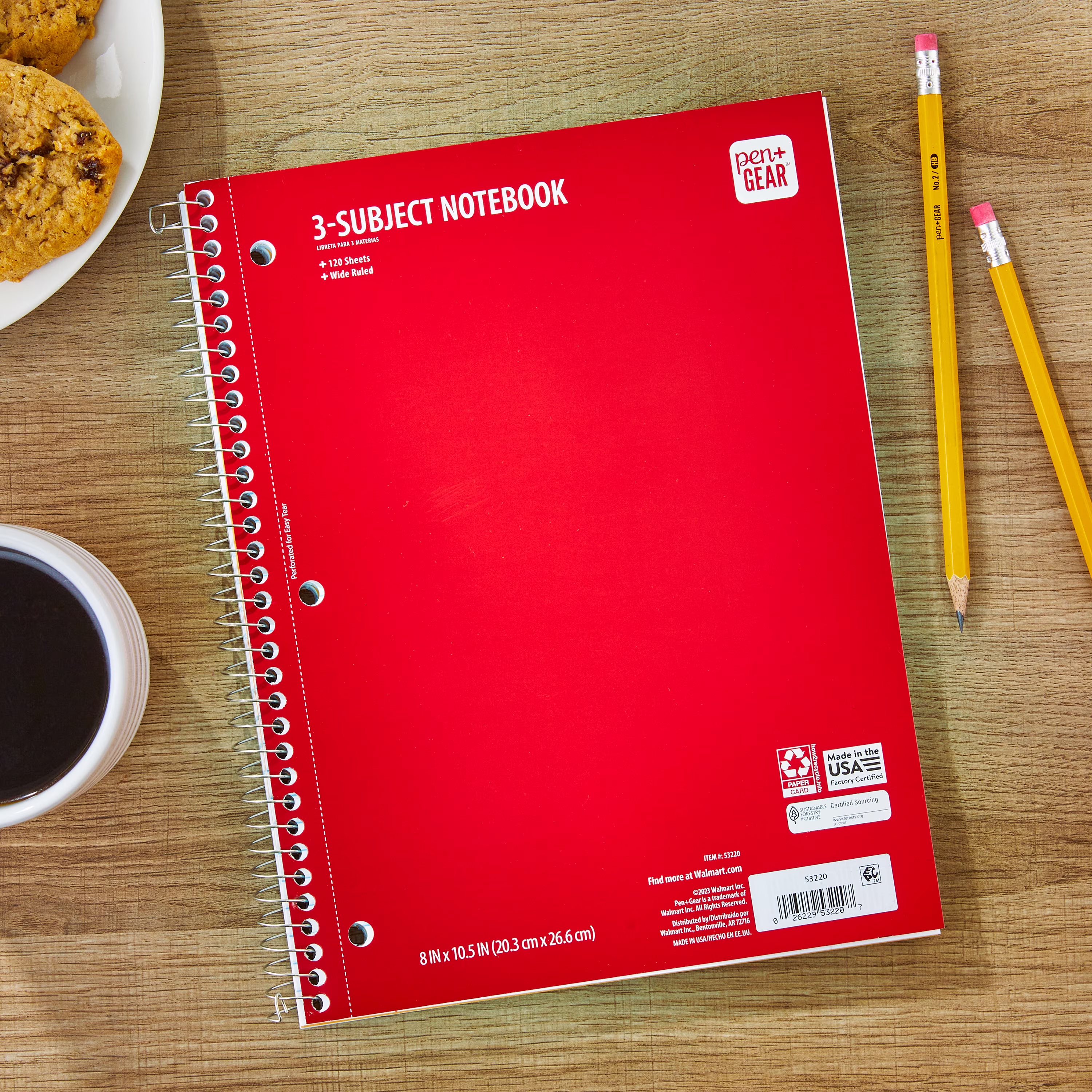 Pen+Gear Wide Ruled 3-Subject Notebook, 8 in x 10.5 in, Red, 120 Sheets