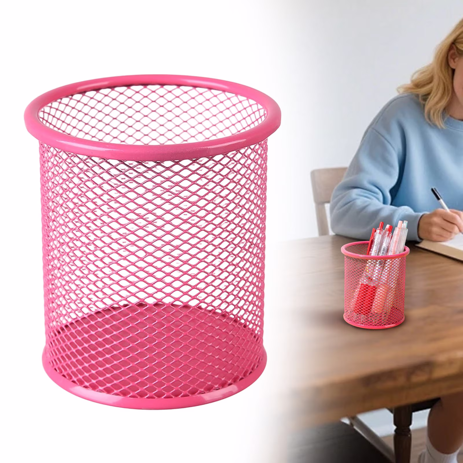 Blecry Metal Mesh Pen Cup for Desk, Round Mesh Pencil Holder for Office and Schol, 9.5cm Tall Stationery Organizer, Colorful Caddy for Pens, Markers, and Scissors (Pink)
