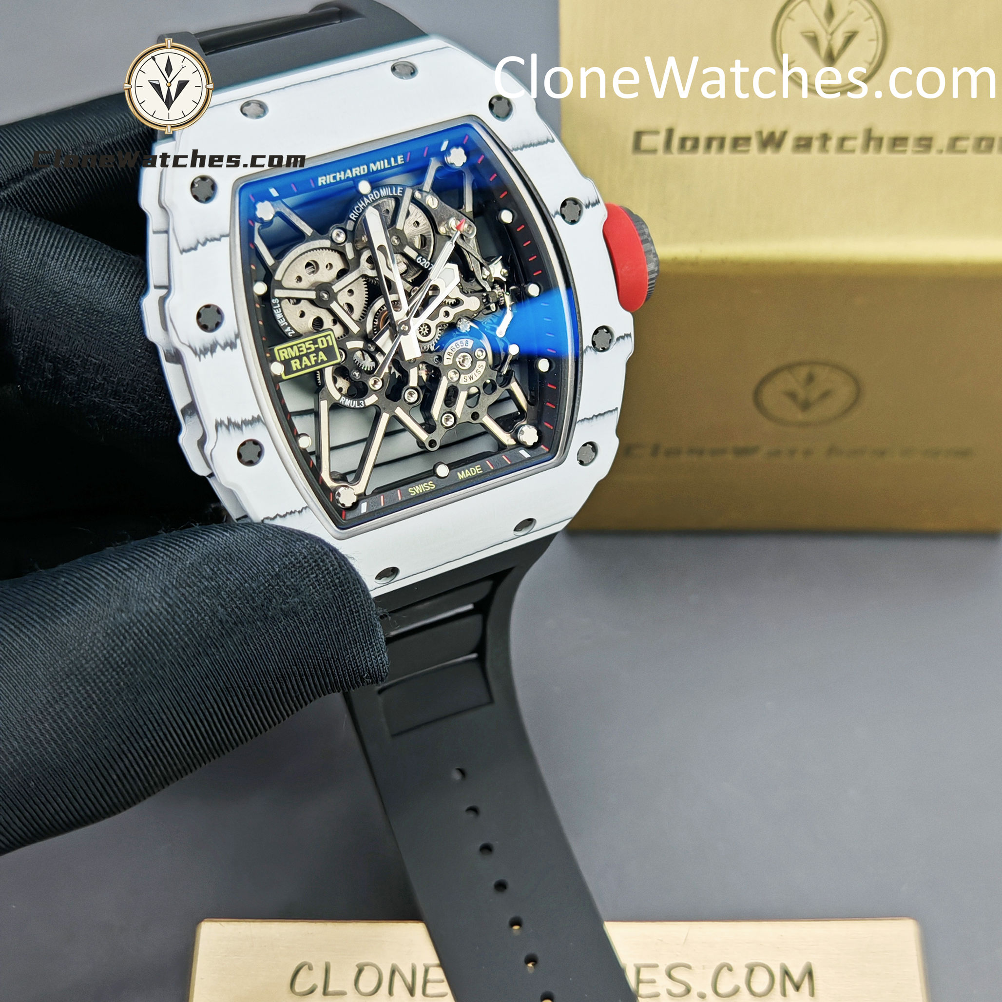 Richard Mille Super Clone Watches 1:1 RM 035 – 01 White Carbon Tourbillon Black Strap