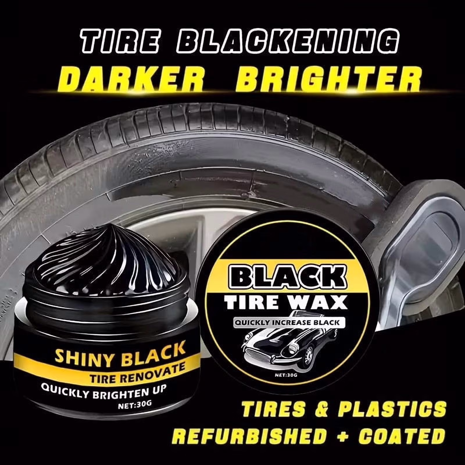 Tire Wax Restores Black Gloss, Blocks UV and Repels Dirt, Long Lasting Protective Coating for Tires Plastic Trim, Easy Wipe-On with Sponge 30g