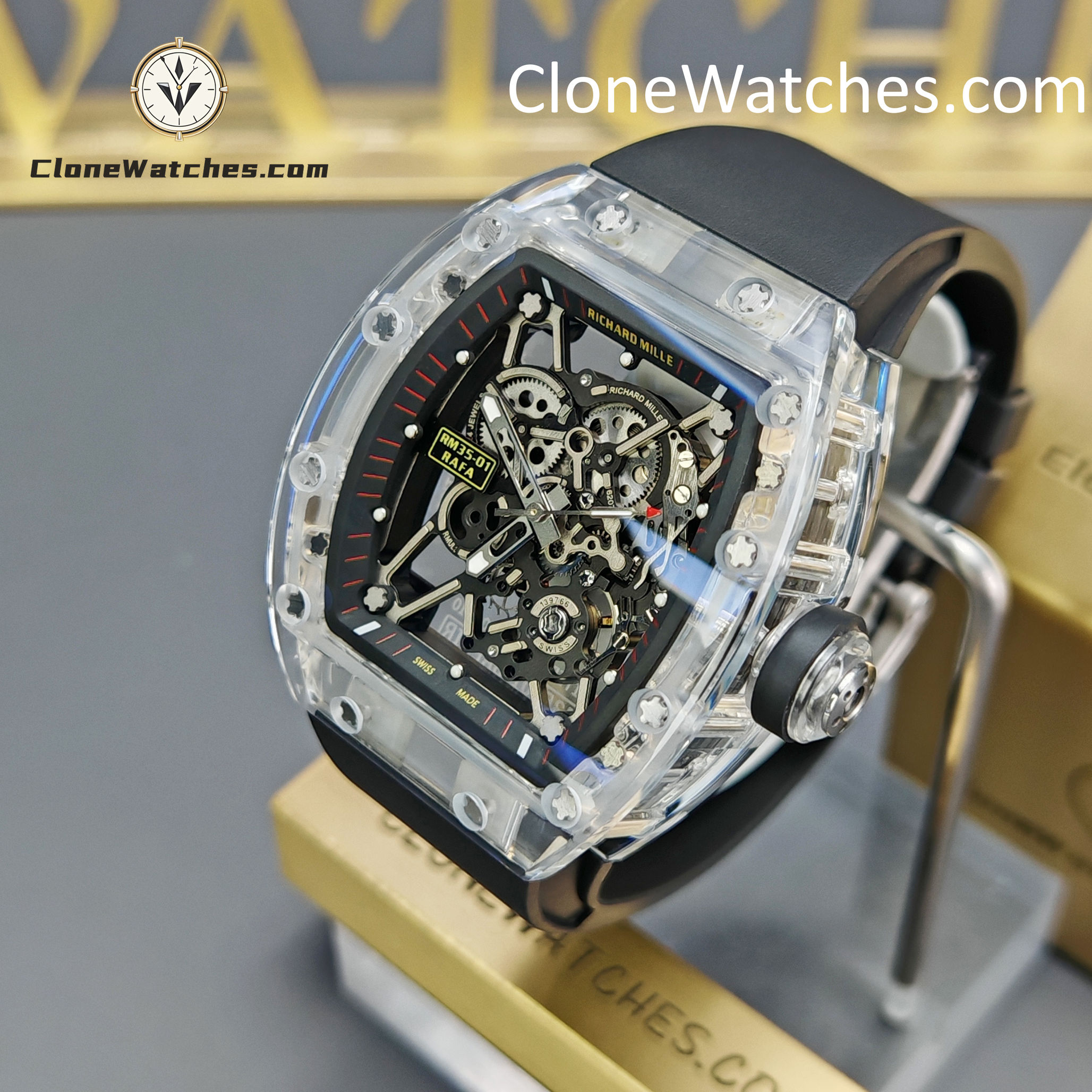Richard Mille Super Clone Watches 1:1 RM 035 Full Transparent Tourbillon Black Strap