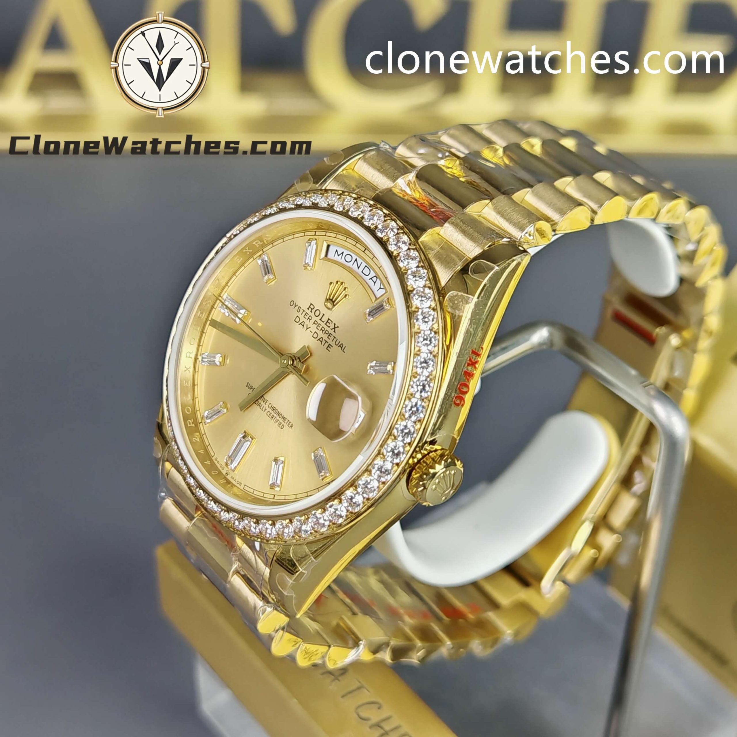 Rolex Super Clone Watches 1:1 Day Date Gold Dial Diamond Bezel M228348rbr-0002 40mm 3255 Movement