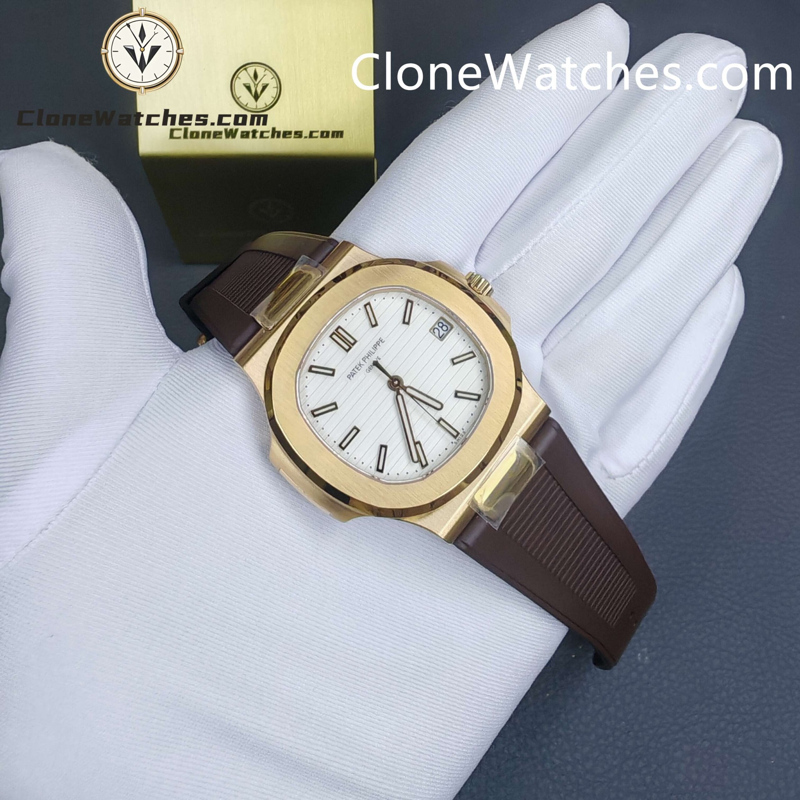 Patek Philippe Super Clone Watches 1:1 Nautilus 5711/1R White Dial Brown Rubber Strap