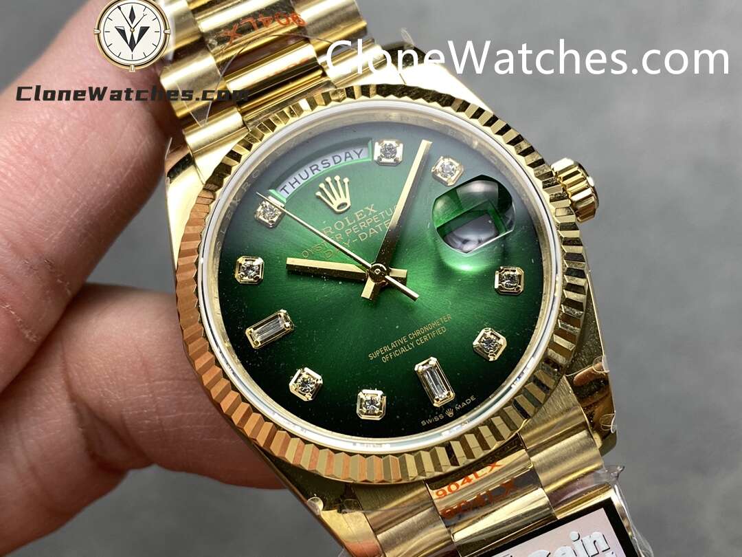 Rolex Super Clone Watches 1:1 Day Date 18K Gold Gradient Green Diamond Dial 36mm m128238-0069 3255 Movement