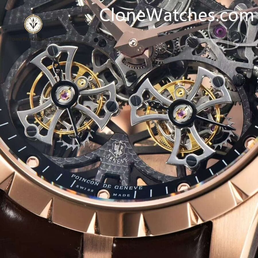 Roger Dubuis Super Clone Watches 1:1 Excalibur Rose Gold Skeleton Double Flying Tourbillon RDDBEX0395 45MM